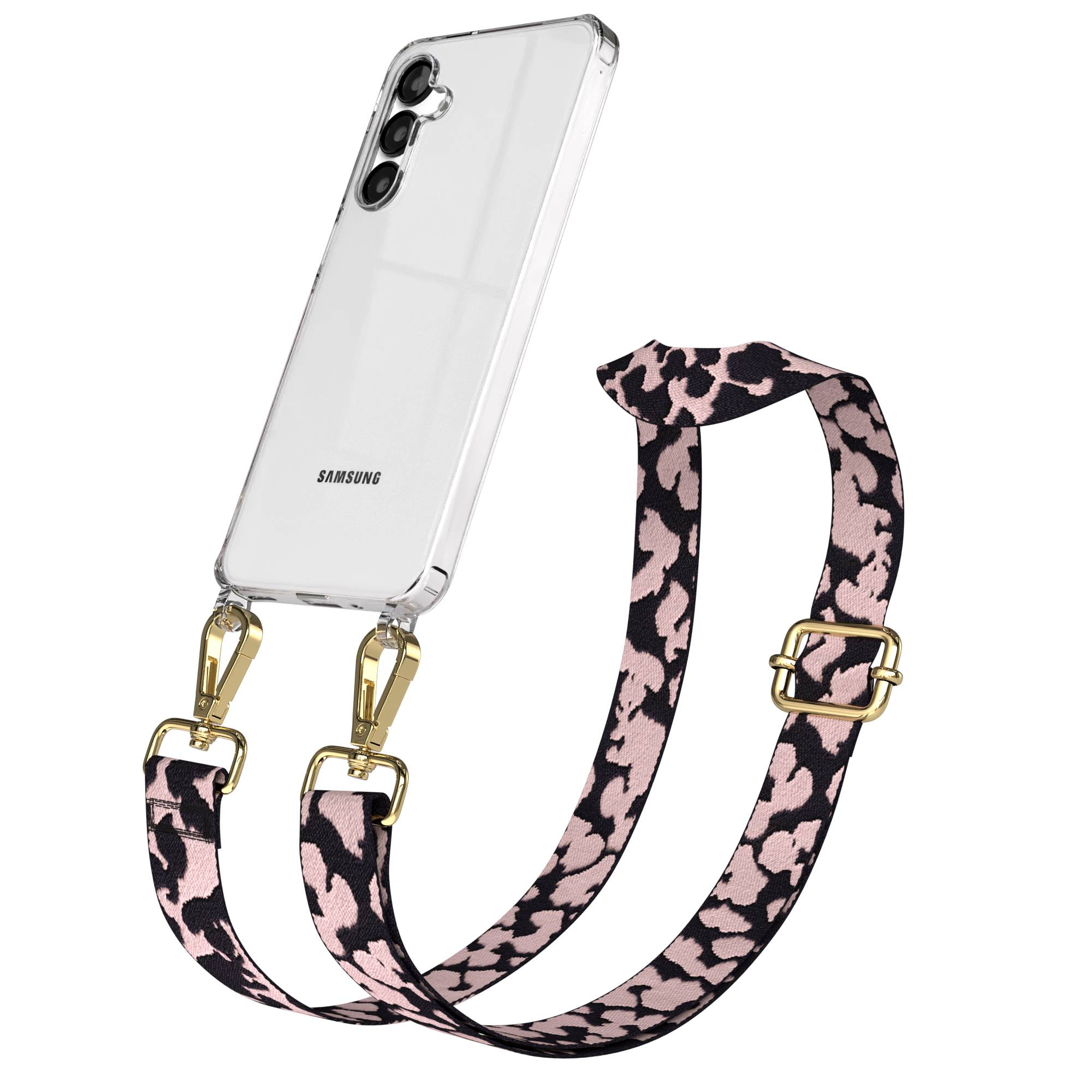 Ein durchsichtiges Samsung-Handy mit einem Leopard-Muster-Gurt in Rosa und Schwarz.