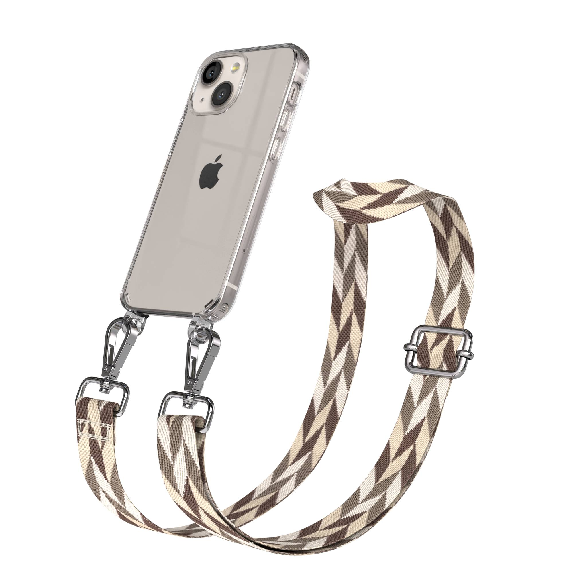 Ein transparentes iPhone mit einem Zickzack-Trageriemen in Beige- und Brauntönen.