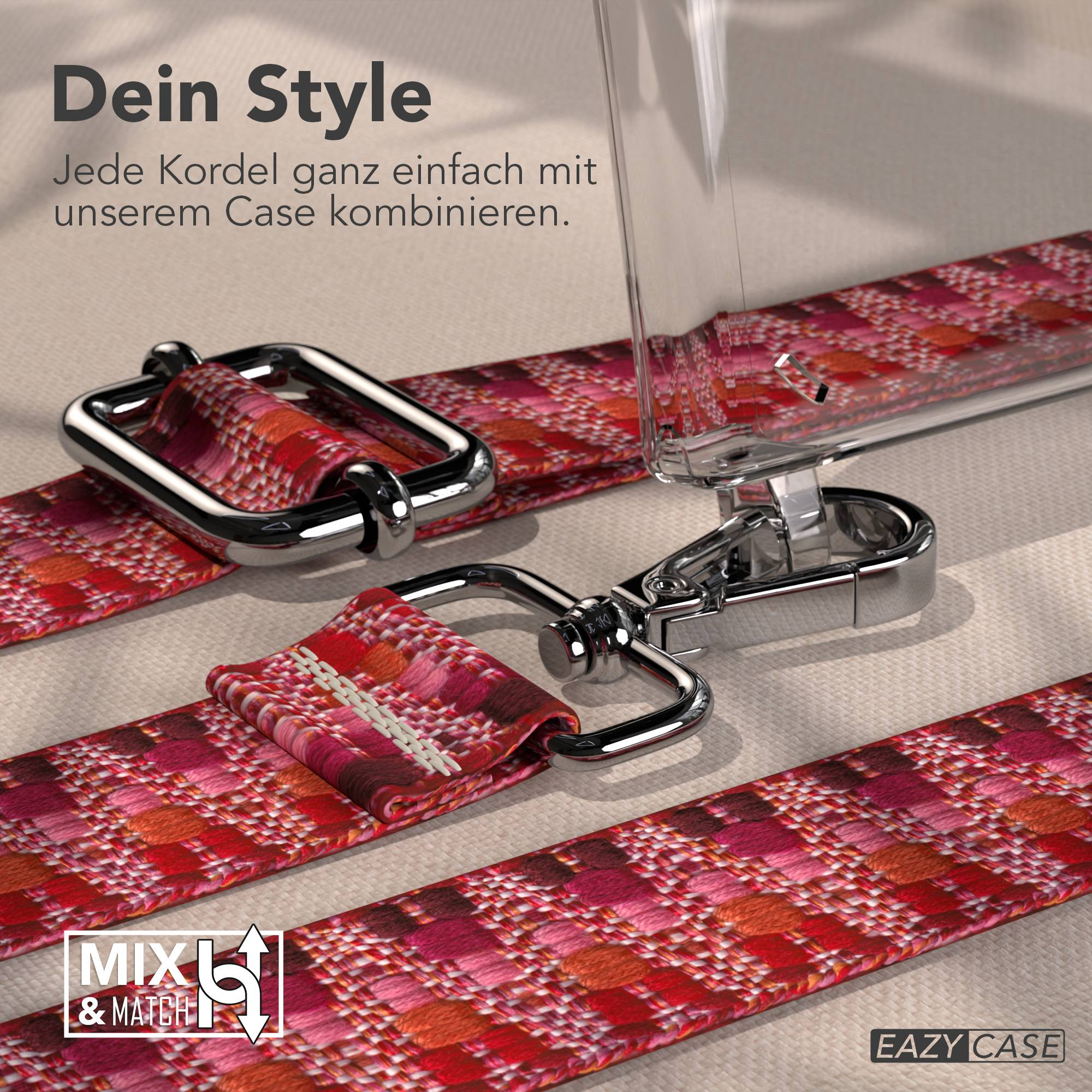 Rotes und pinkes Band mit silbernen Schnallen und einem transparenten Handyhülle.
