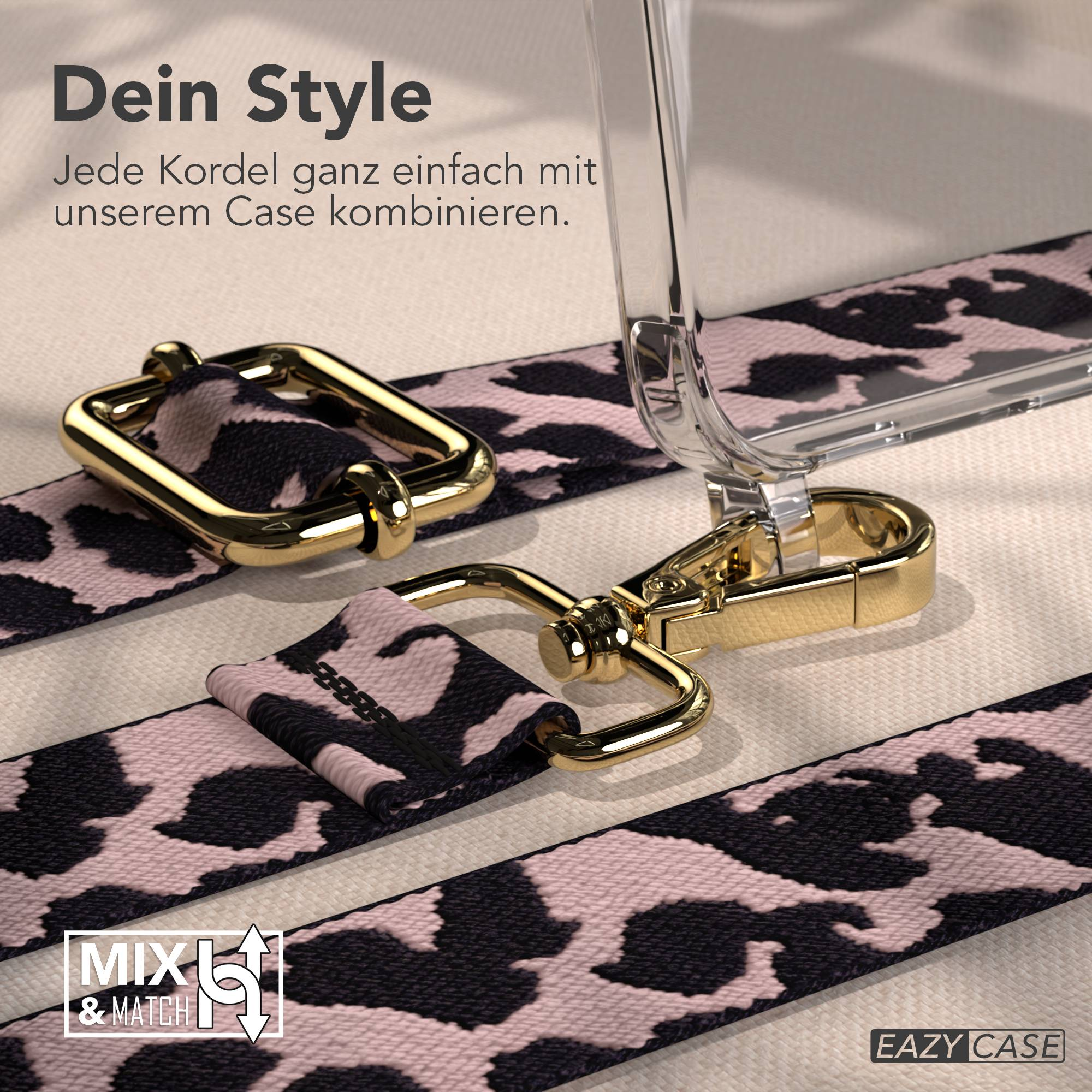 Transparente Handyhülle mit goldener Hardware und Leopardenmuster-Trageband.