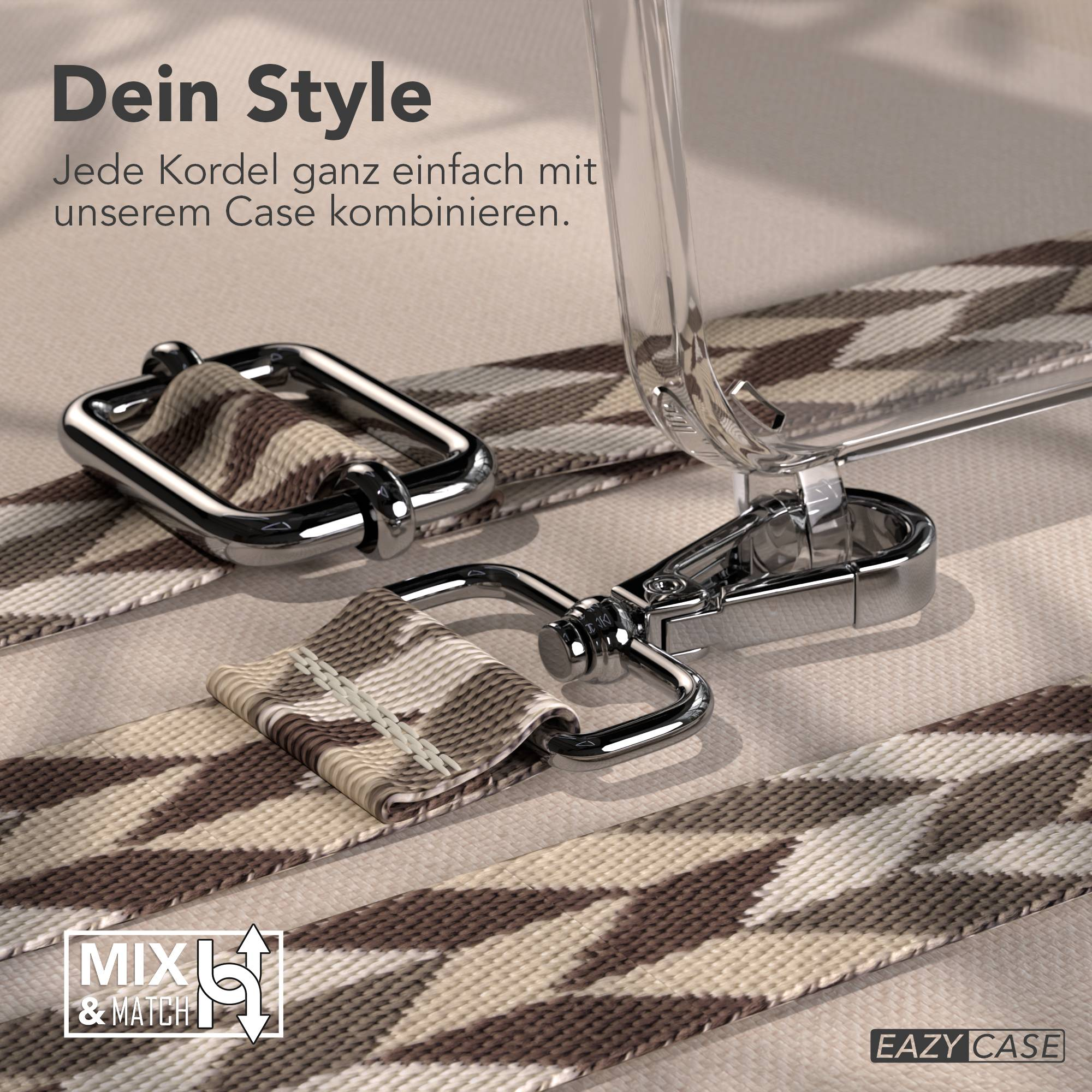 Nahaufnahme eines stilvollen Handyhüllenriemens mit geometrischem Muster und Metallverschlüssen.