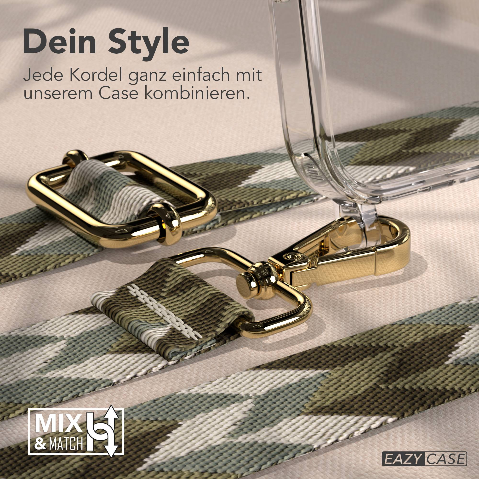 Goldene Karabiner und ein Band mit Camouflage-Muster für ein Handyhülle.