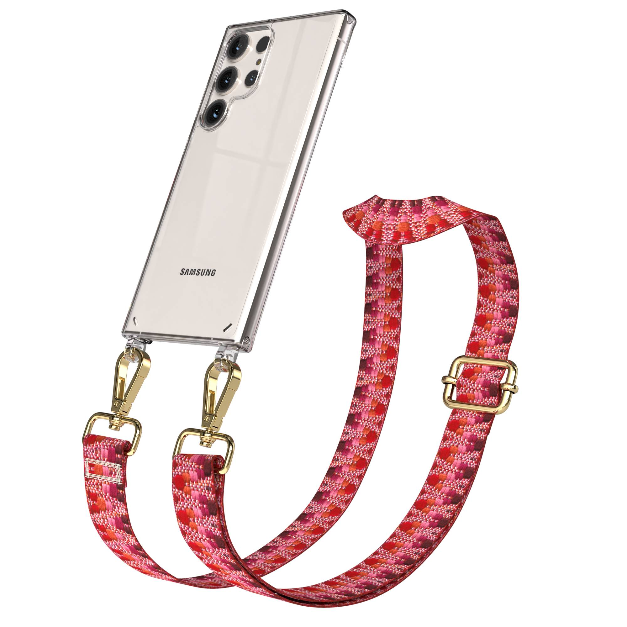 Ein Samsung Smartphone in einer transparenten Hülle mit einem roten/pinken Trageband.