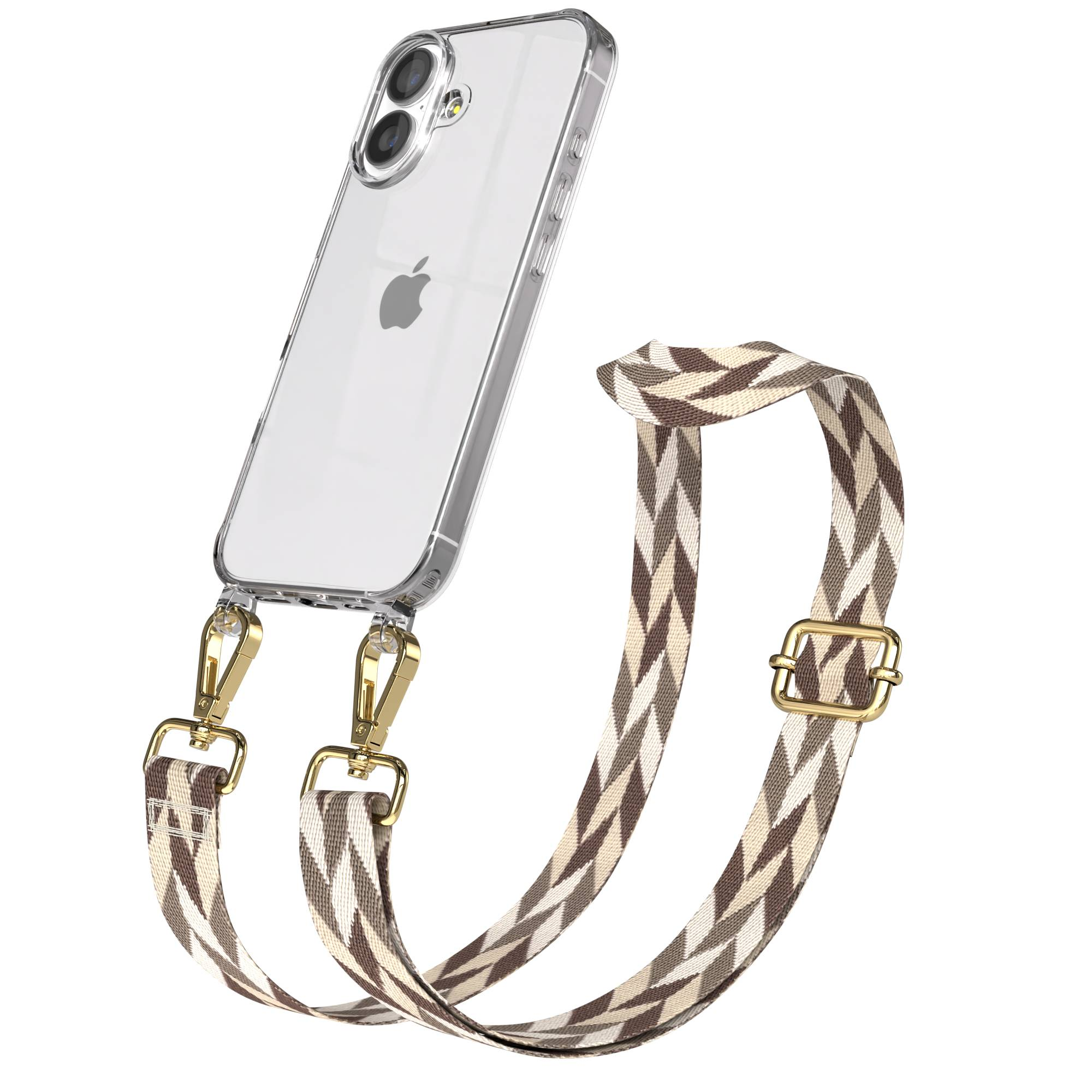 Ein durchsichtiges iPhone mit einem gemusterten Riemen und goldenen Schnallen.