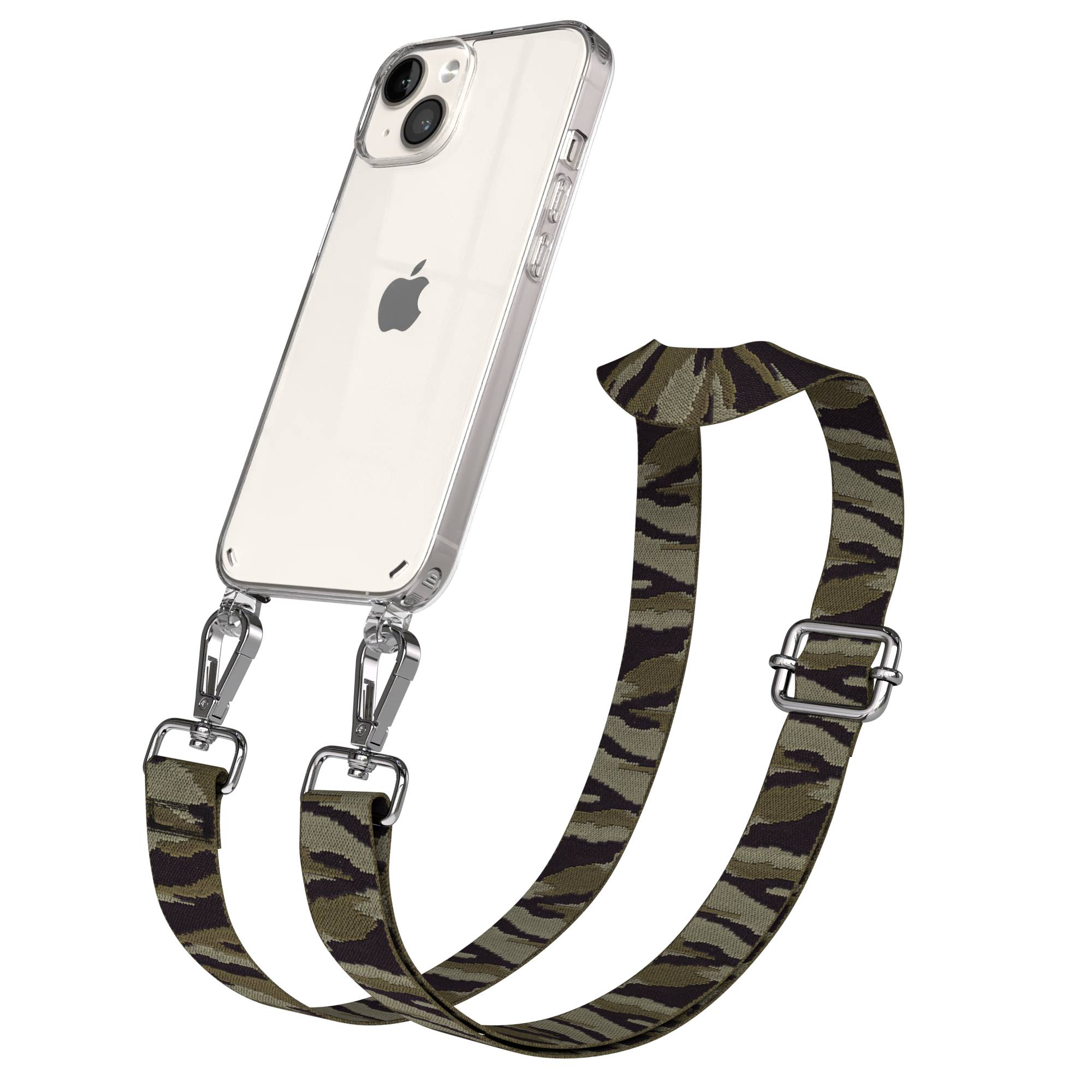 Klare iPhone-Hülle mit einem Tarn-Trageriemen, befestigt mit silbernen Clips.
