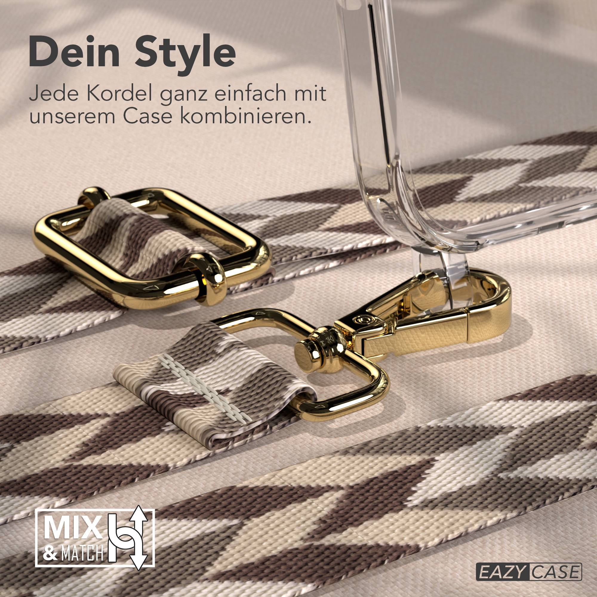 Nahaufnahme eines Handyhüllen-Riemens mit goldener Hardware und geometrischem Muster.