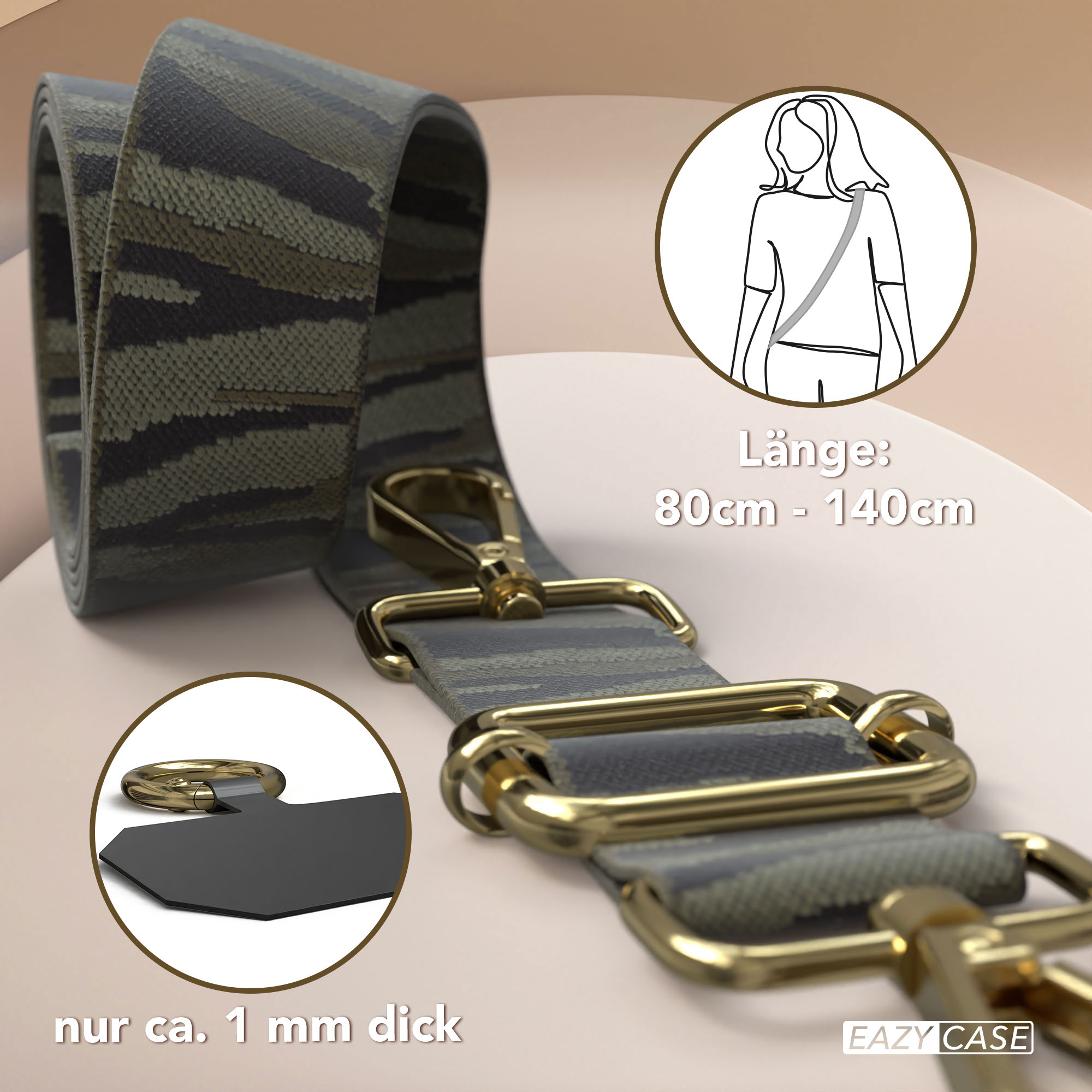 Camouflage-Gurt mit goldener Hardware, 80-140 cm Länge, 1 mm Dicke.