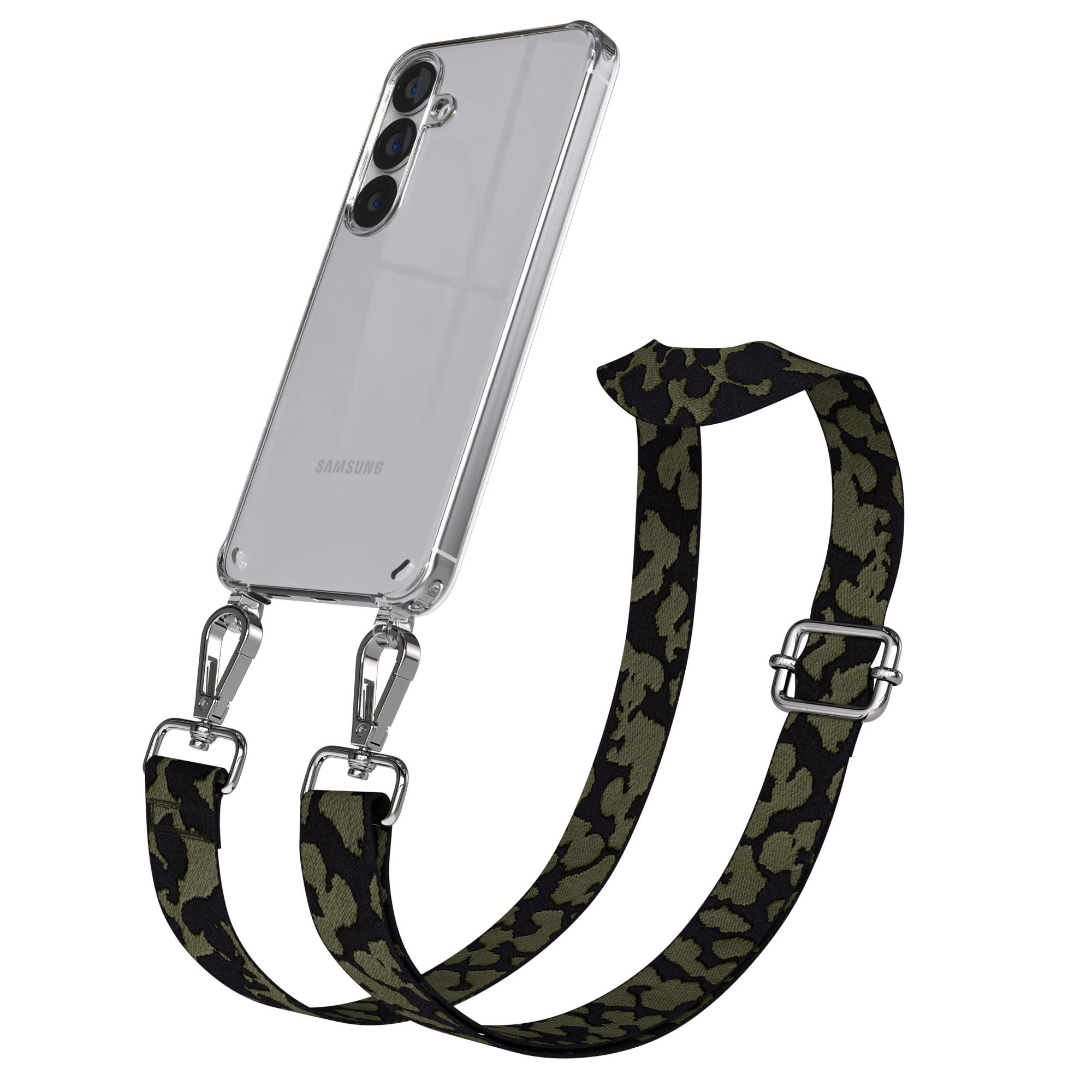 Ein transparentes Samsung-Handy mit einem Tarnmuster-Trageriemen.