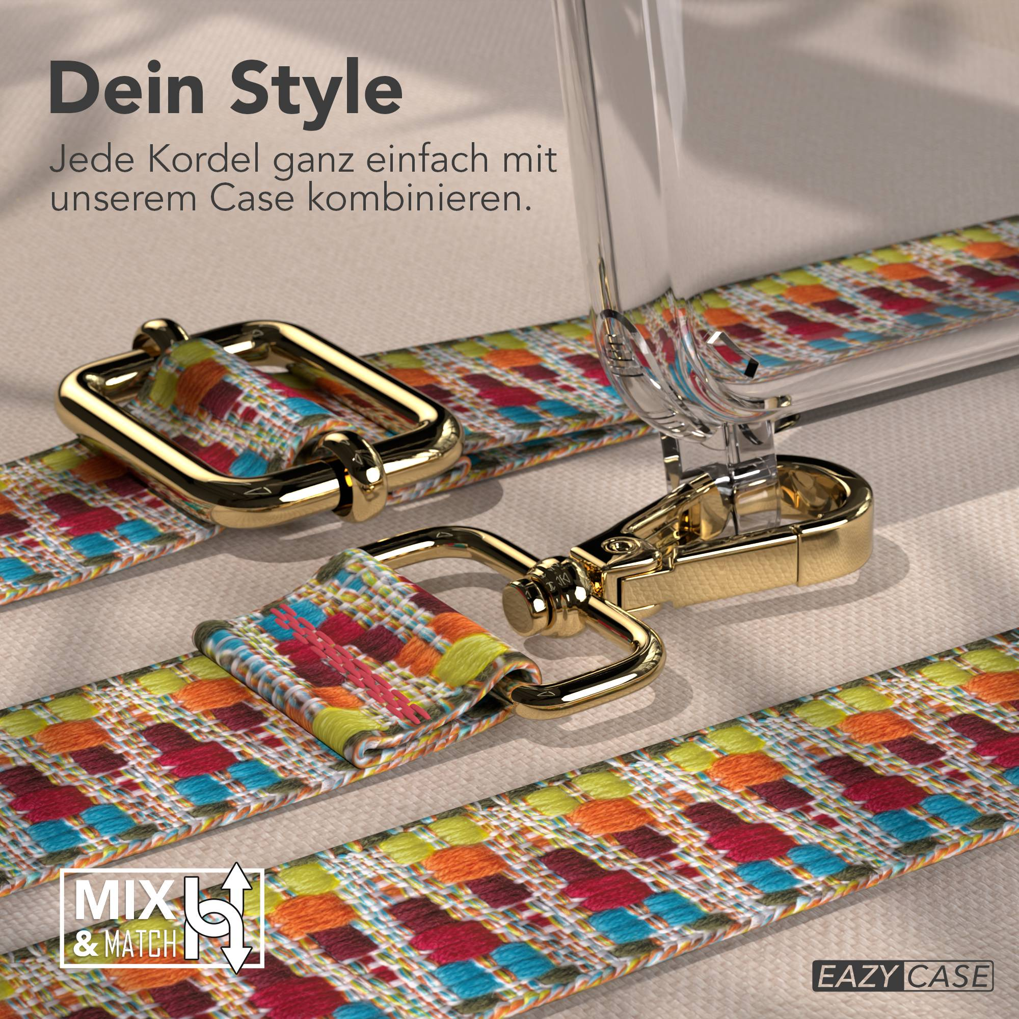 Eine bunte Kordel mit goldenen Verschlüssen, die an einer Handyhülle befestigt ist.