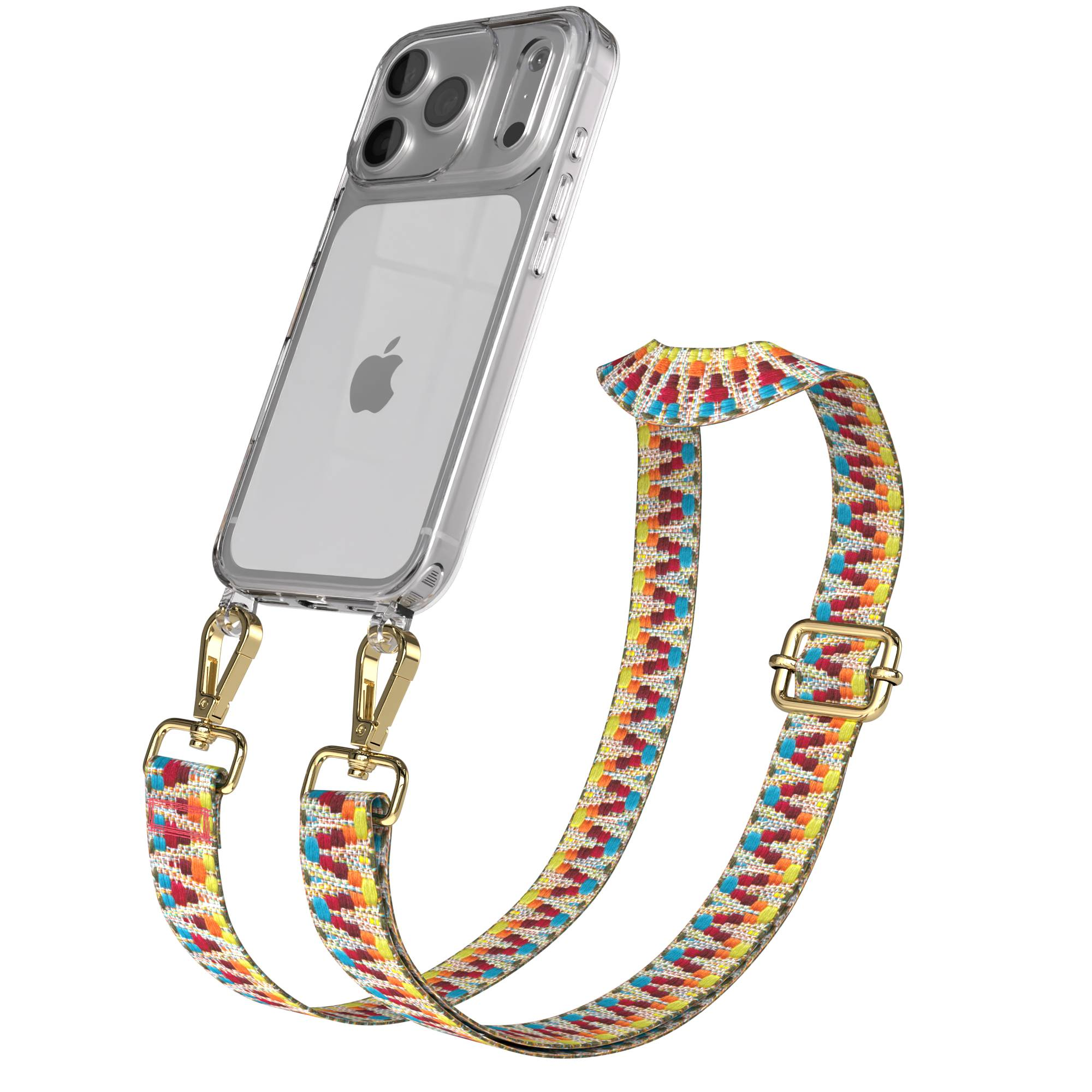 Ein transparentes iPhone-Case mit bunten Trageband und goldenen Schnallen auf weißem Hintergrund.