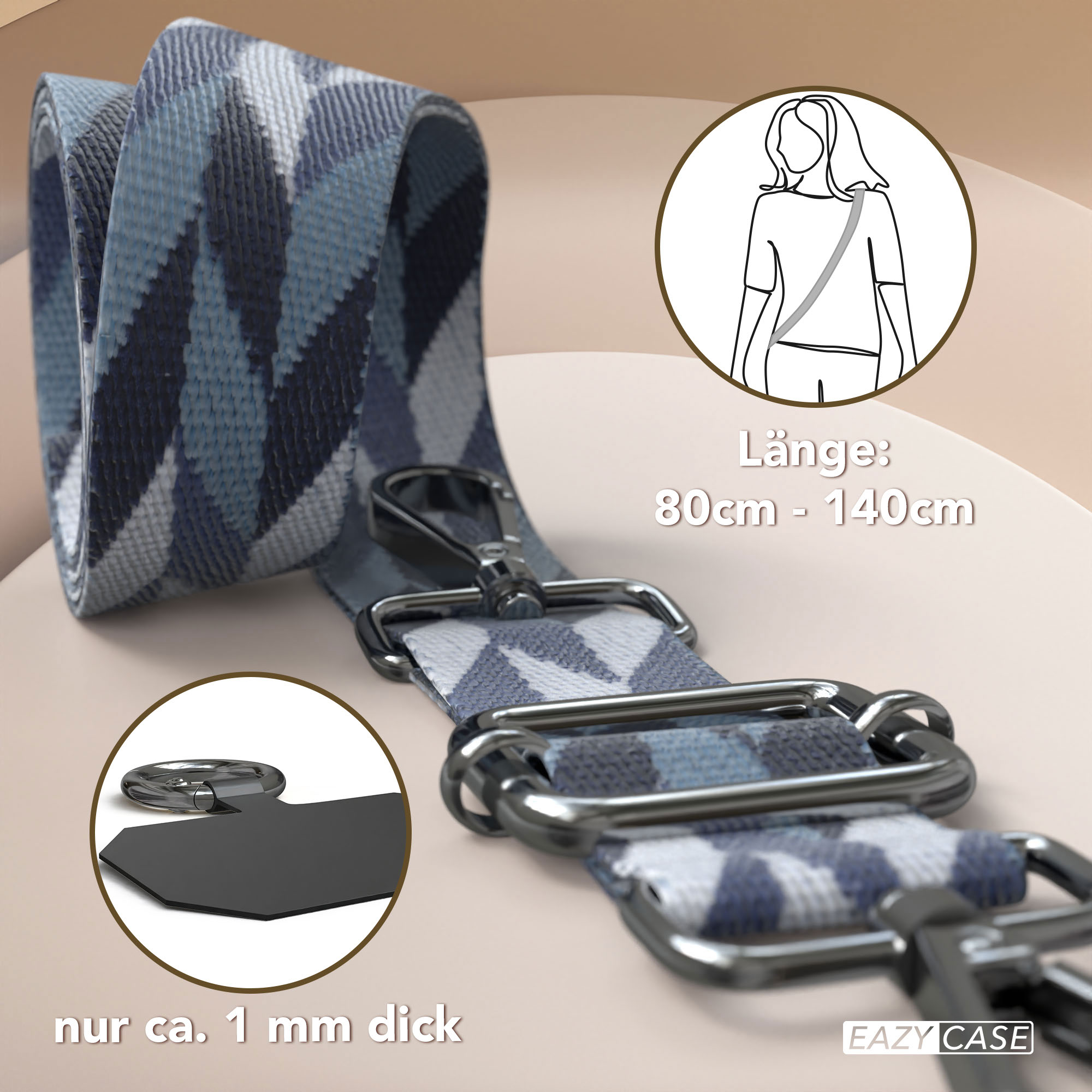 Blau gemustertes Gurtband mit silbernen Schnallen, 80-140cm lang, 1mm dick.