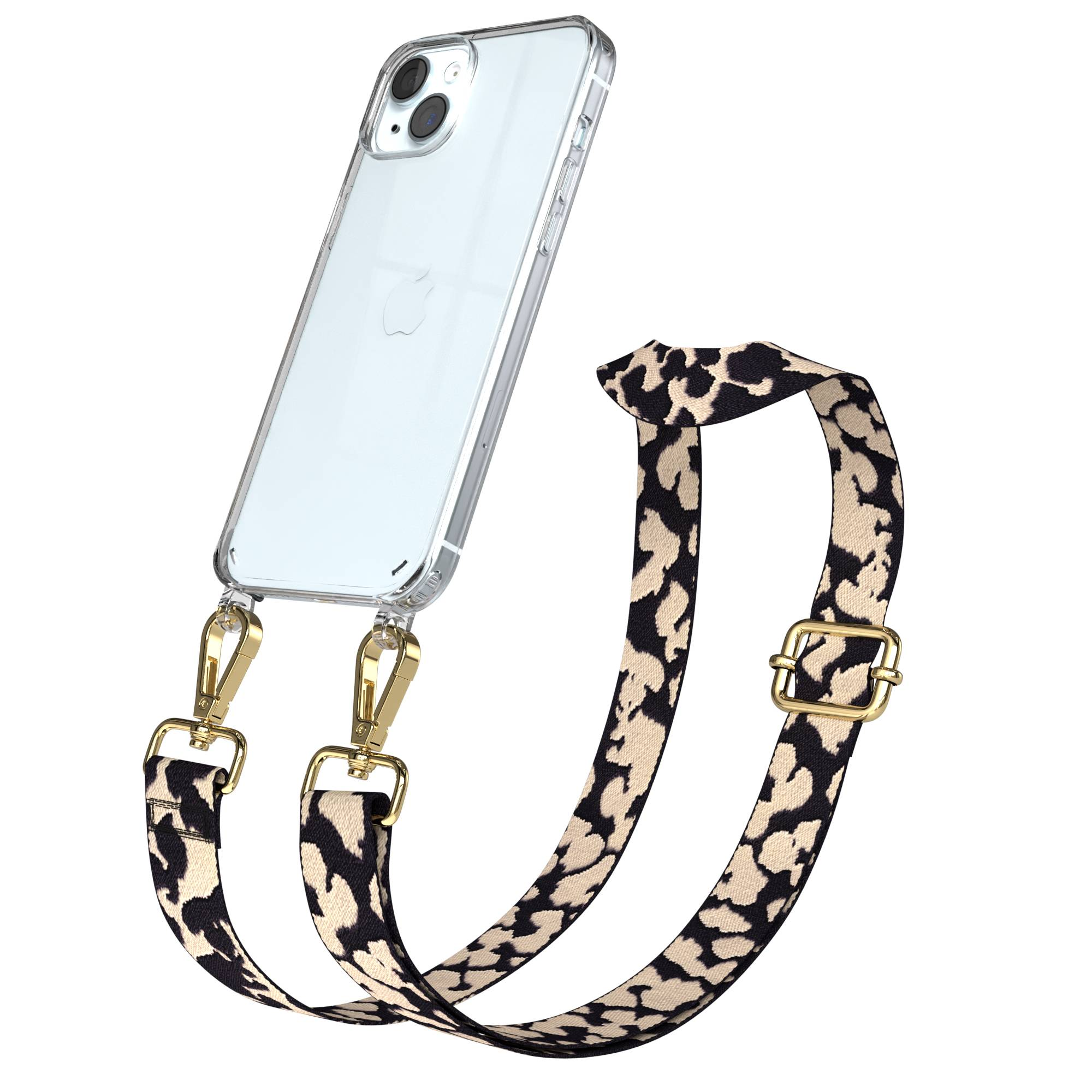 Ein transparentes Handyhülle mit einem Leopardenmuster-Riemen und goldenen Clips.