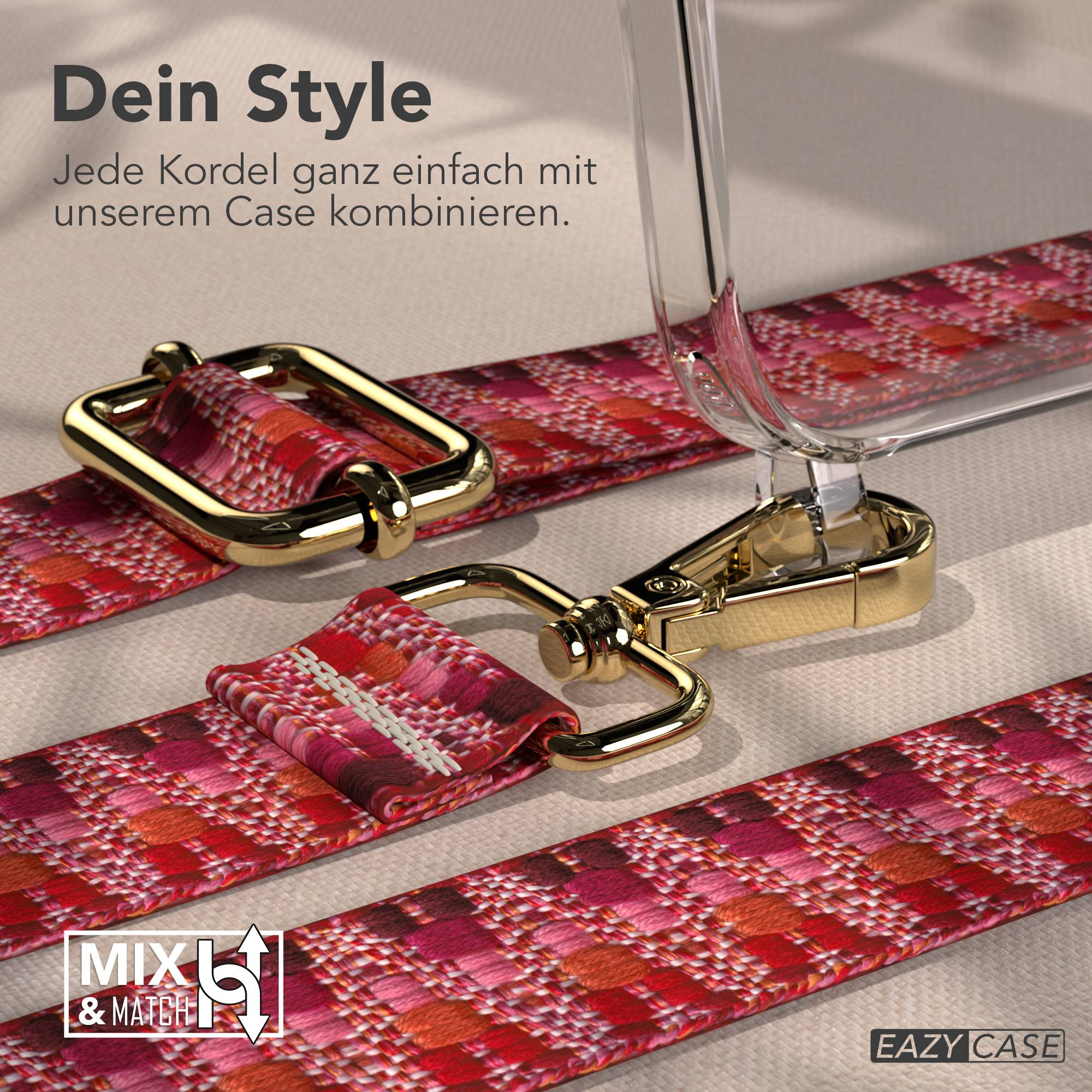 Rotes, gemustertes Band mit goldenen Beschlägen und einem transparenten Handyhüllen-Detail.