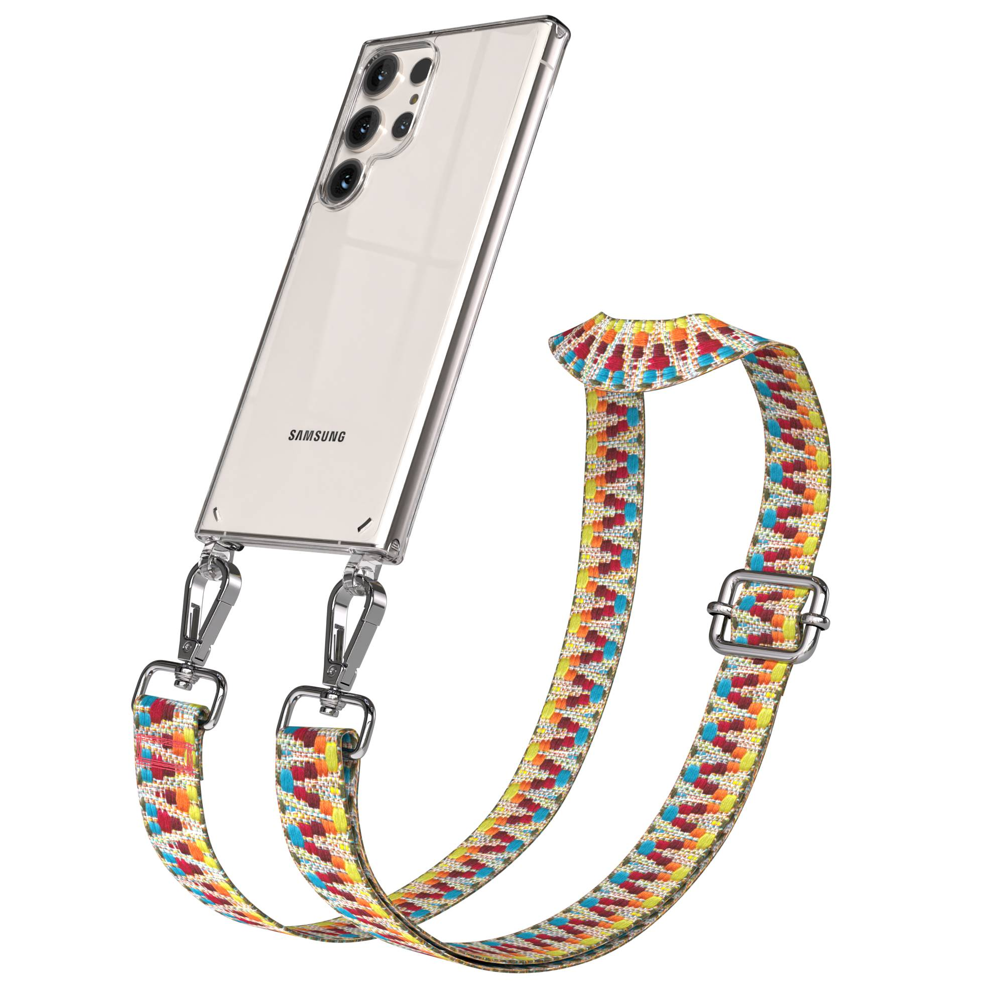Ein transparentes Samsung Handy mit einem bunten Tragegurt auf weißem Hintergrund.