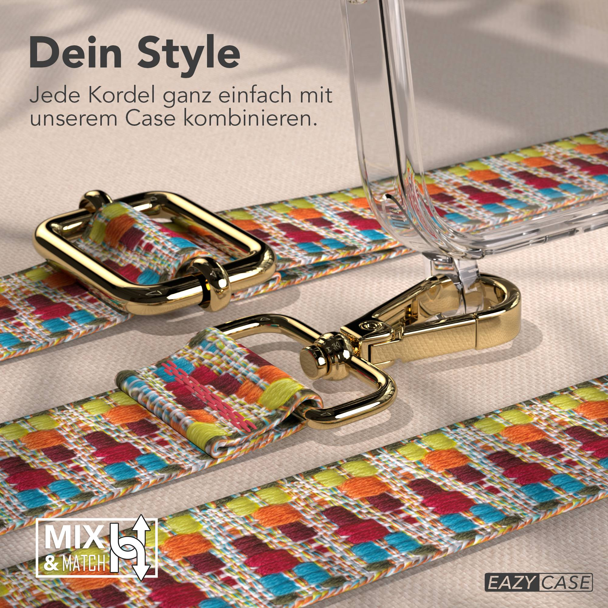 Bunte Stoffleine mit goldenen Karabinerhaken und einem transparenten Handyhülle.