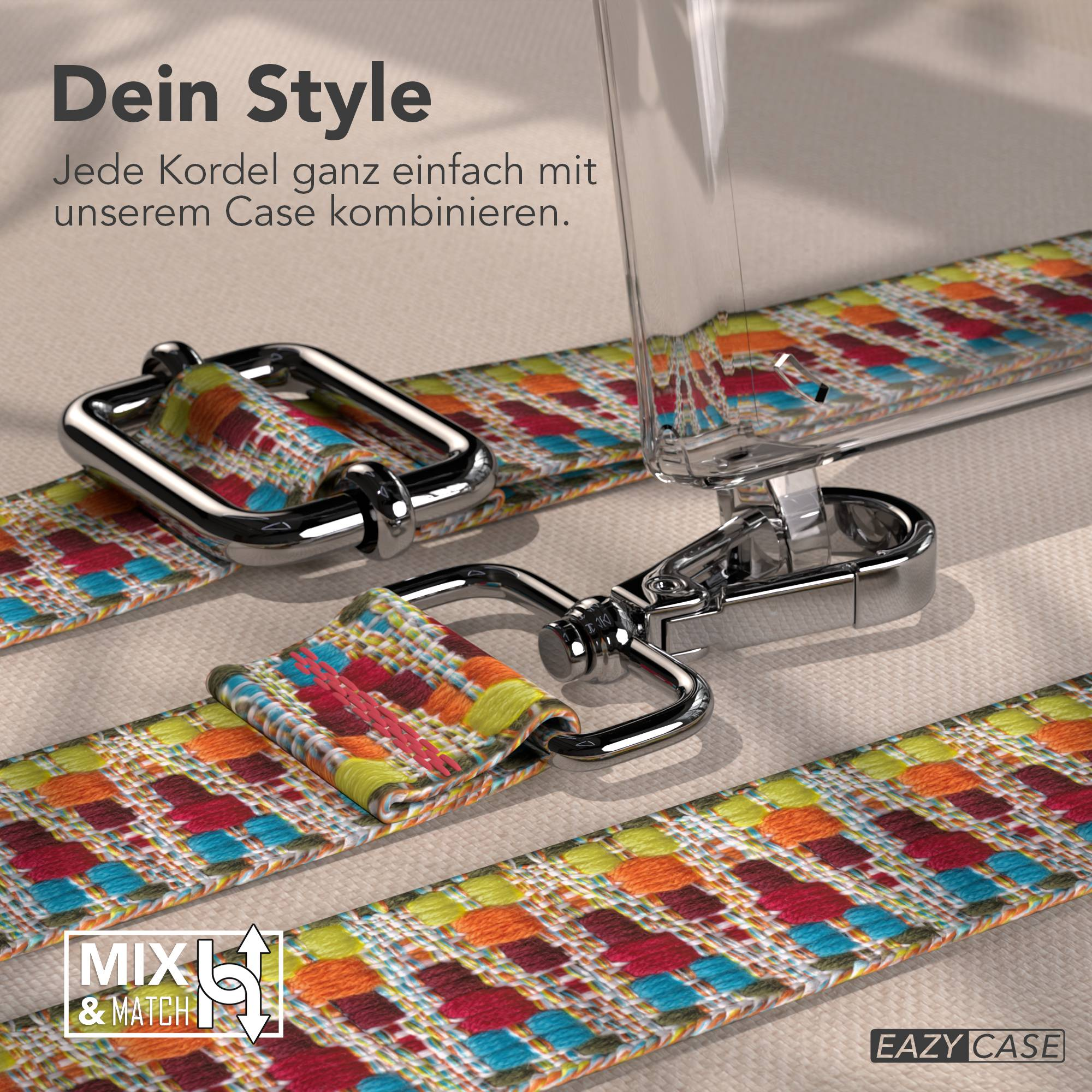 Ein bunt gewebtes Band mit Metallverschlüssen, befestigt an einer Hülle.