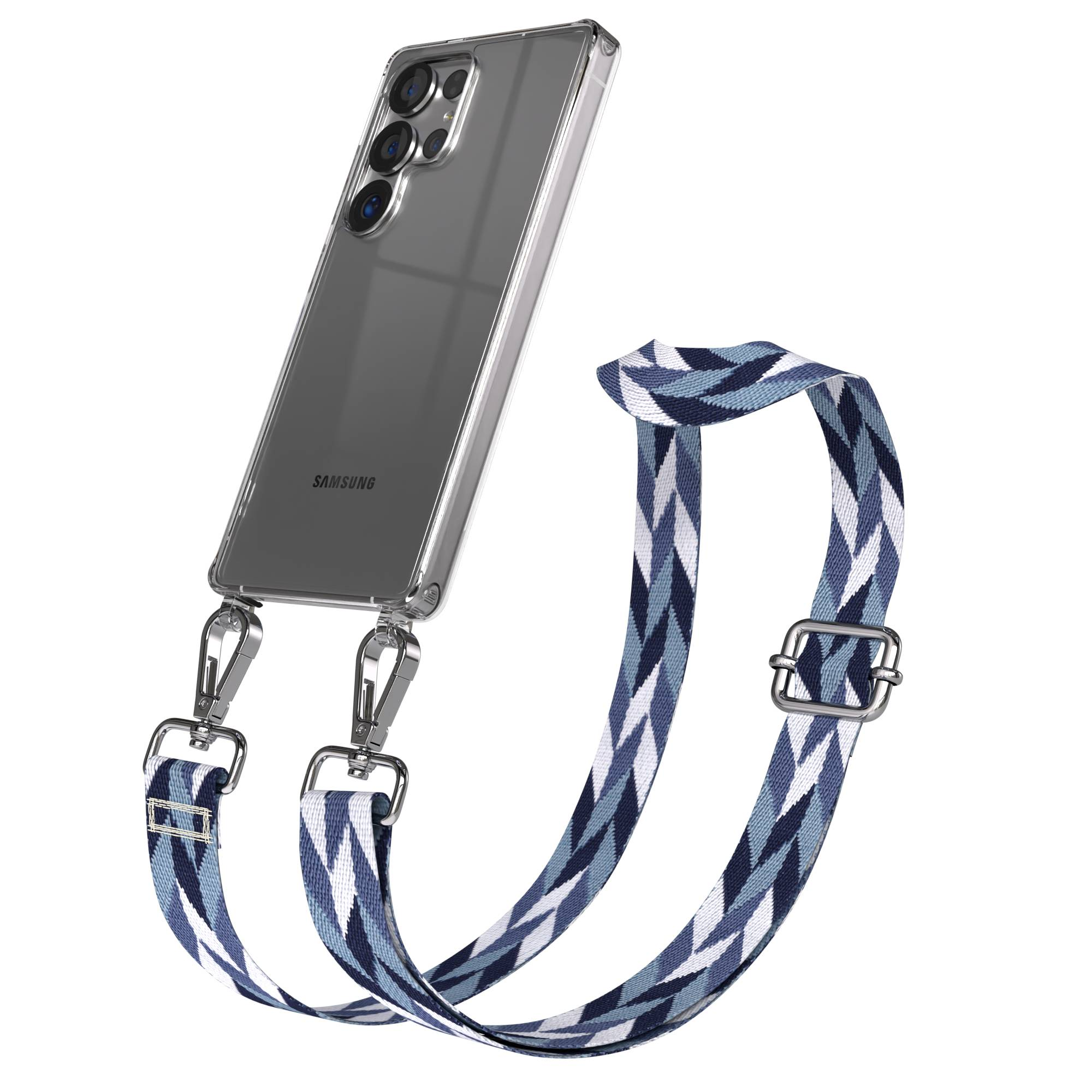Transparente Handyhülle mit blau-weiß-marineblau gemustertem Gurt und silbernen Verschlüssen.