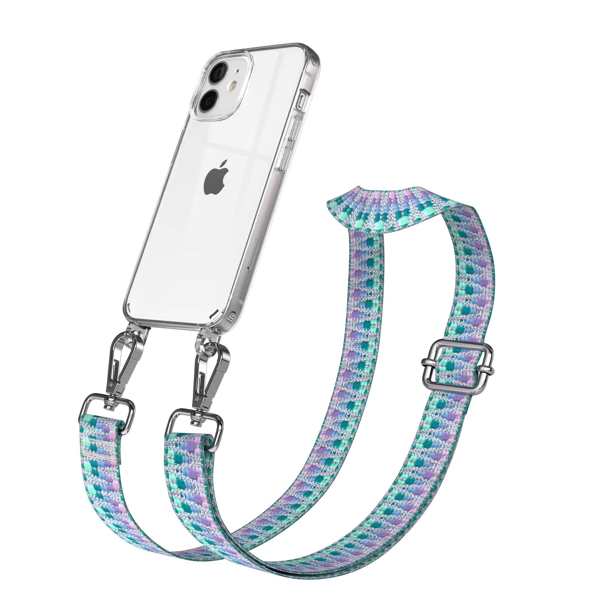 Eine durchsichtige iPhone-Hülle mit einem bunten geflochtenen Riemen mit silbernen Verschlüssen.