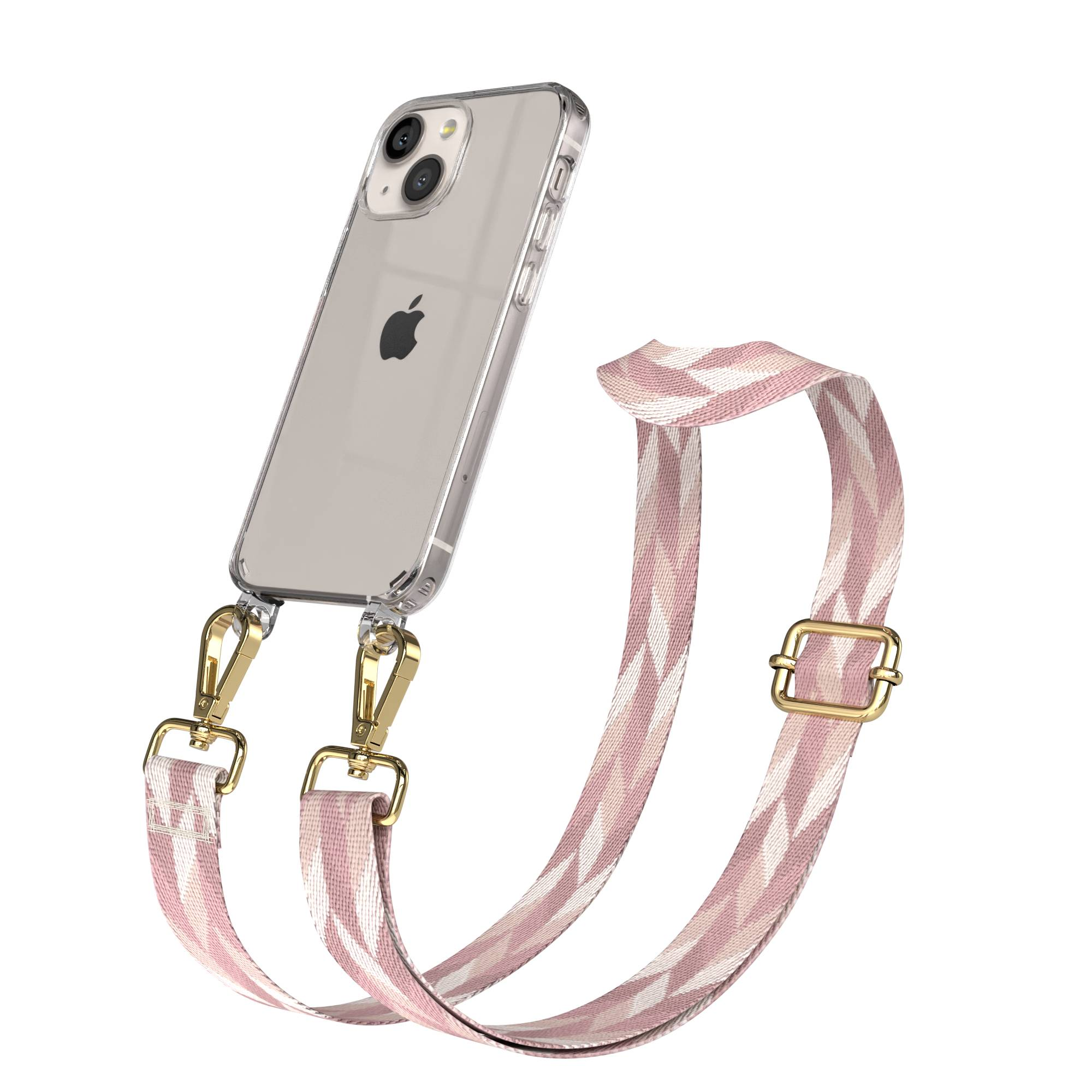 Ein transparentes iPhone mit einer rosafarbenen Kette und goldenen Verschlüssen.