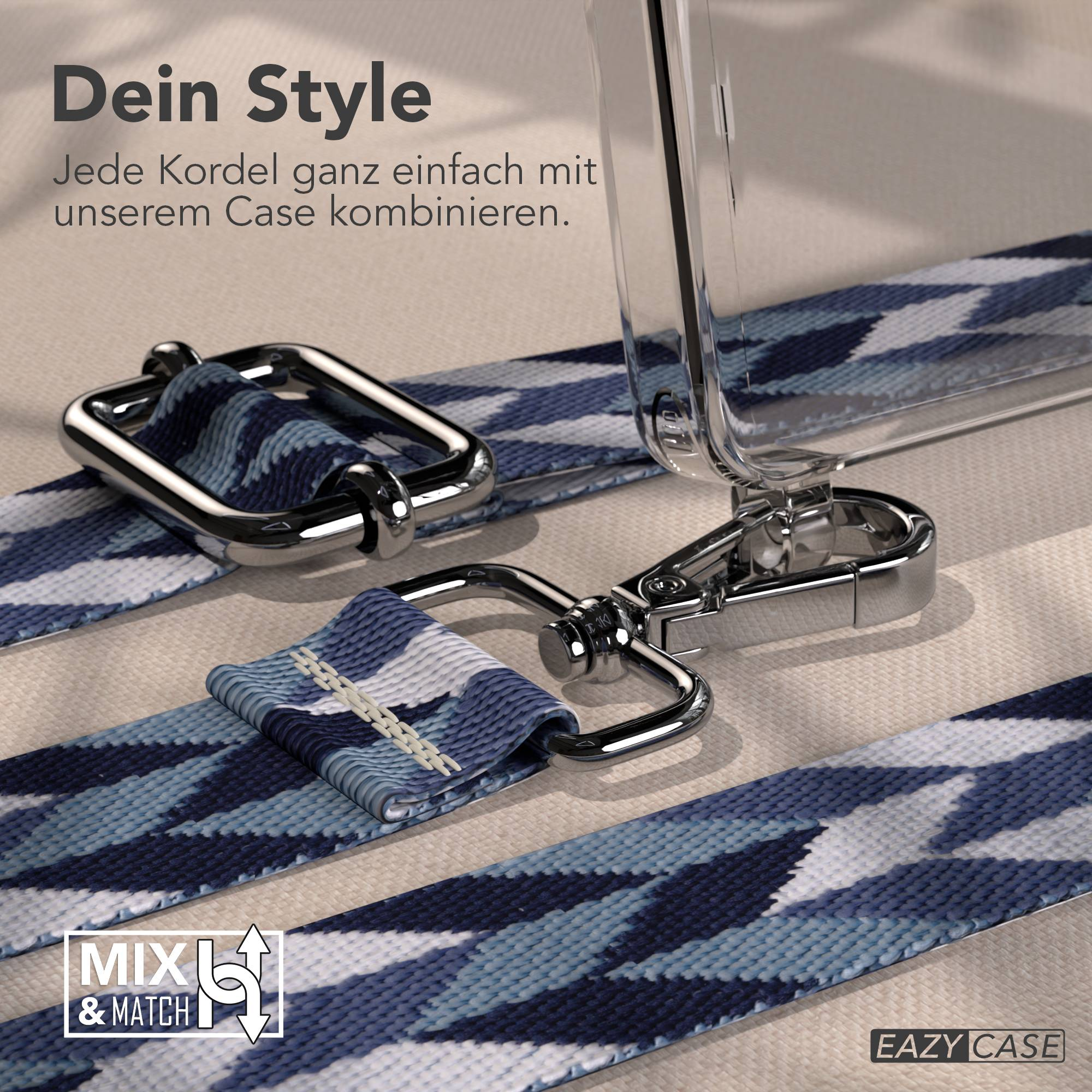 Ein klarer Handyhülle mit einem blauen Camouflage-Band und silbernen Schnallen.