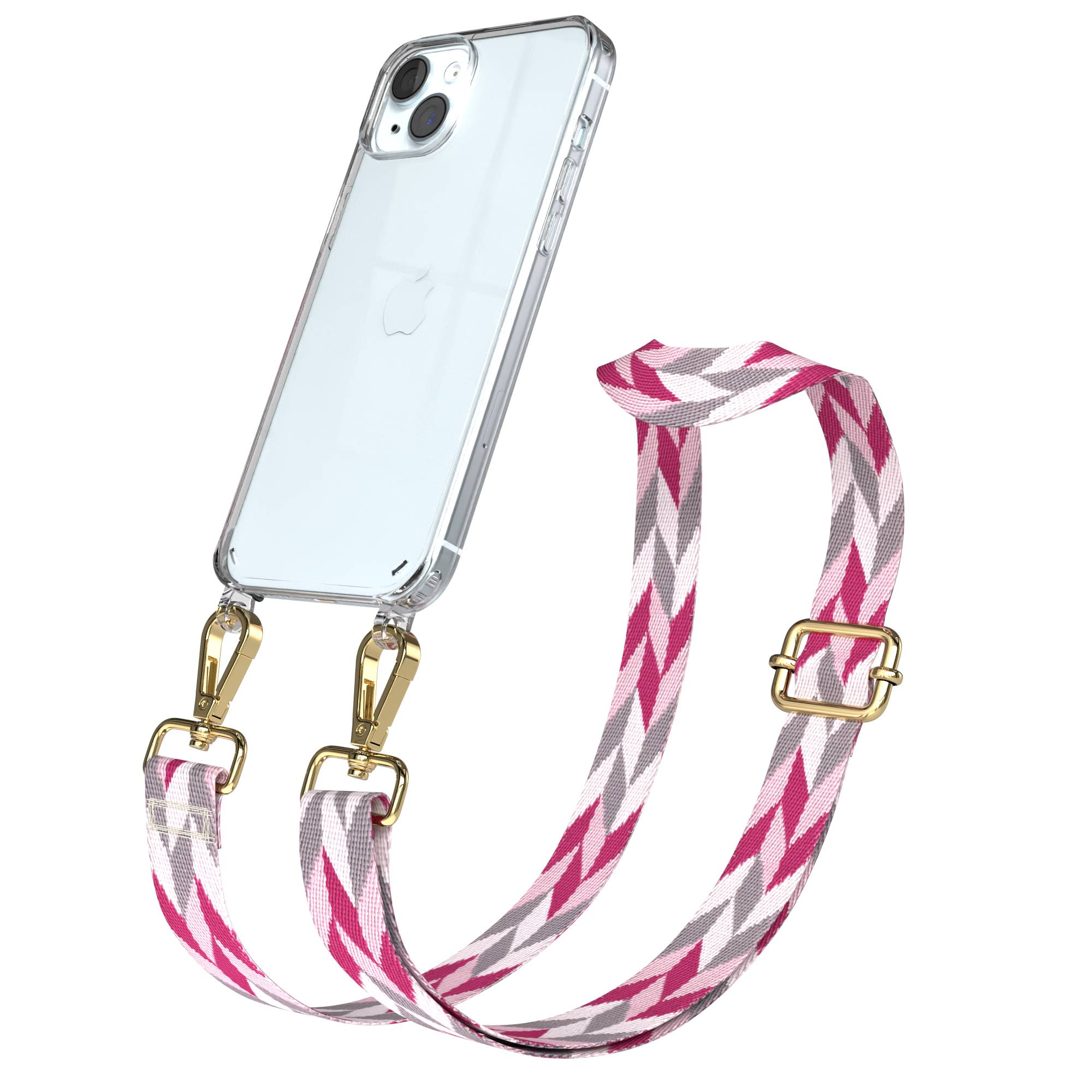 Eine durchsichtige Handyhülle mit einem pinkfarbenen, grauen und weißen gemusterten Riemen, befestigt mit goldenen Clips.