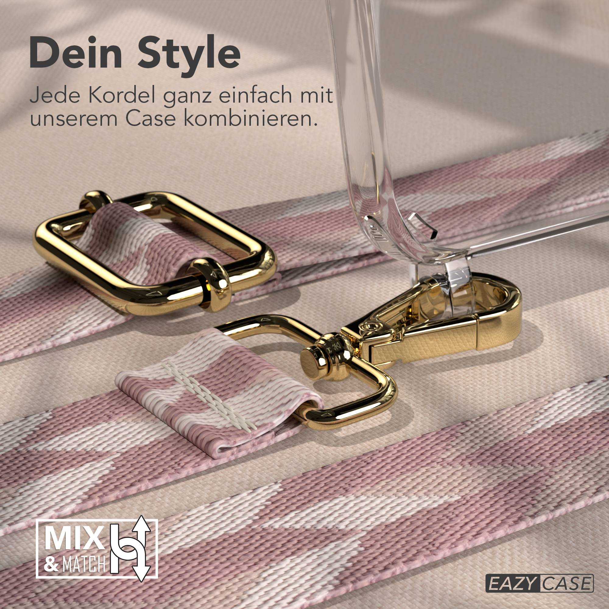 Goldene Metallclips mit rosa und weißen Band verbinden zwei Teile.