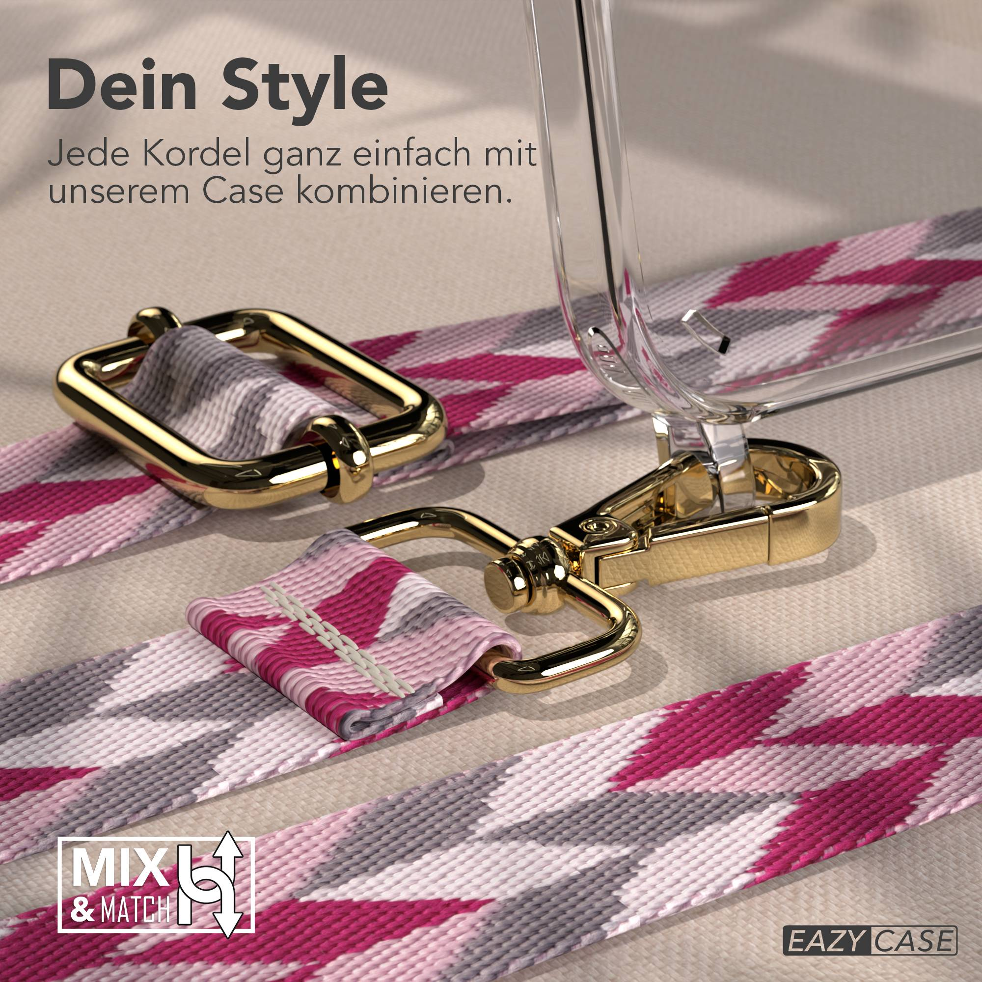 Ein Handyhülle mit einem Band mit geometrischem Muster und goldenen Beschlägen.
