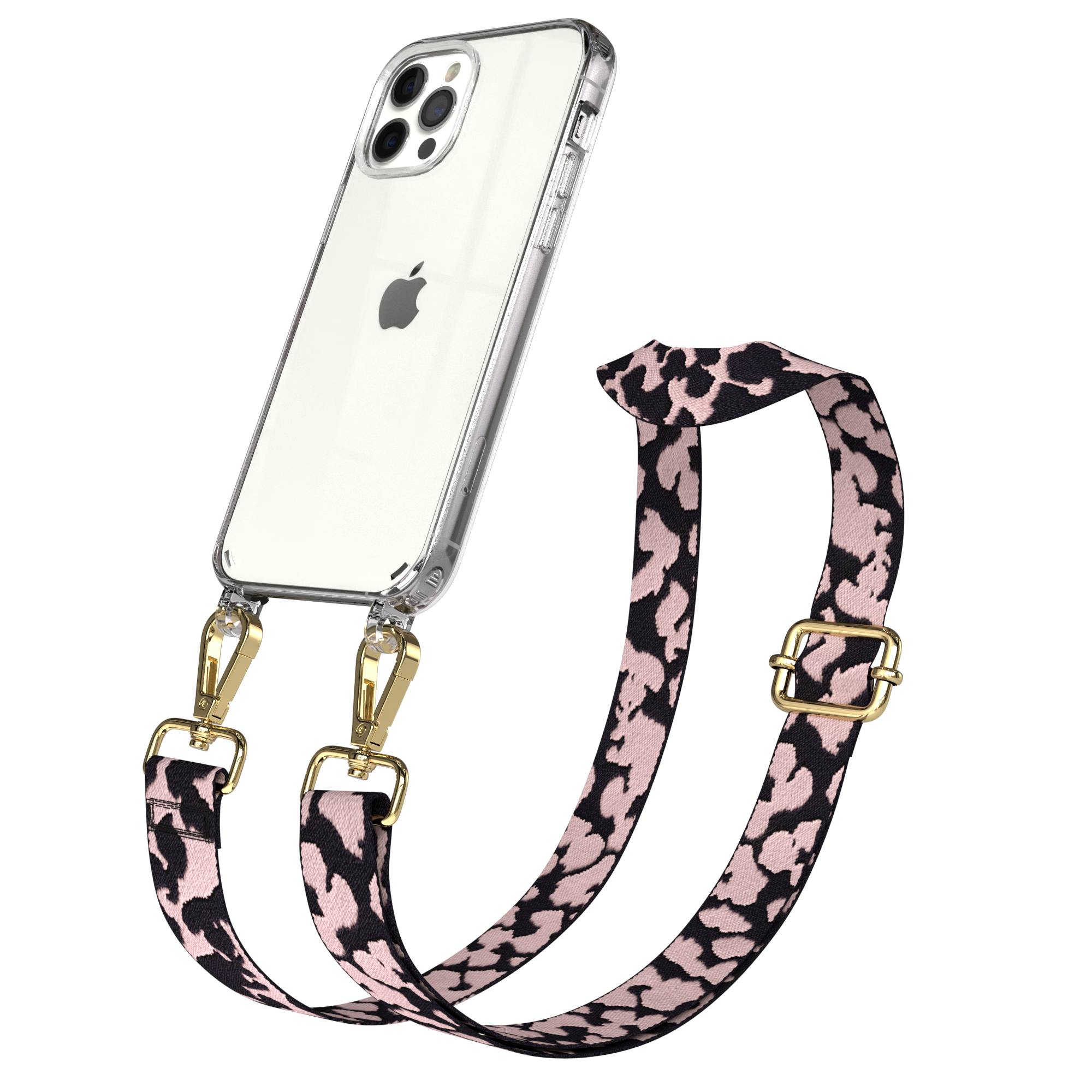 Transparente Handyhülle mit Leopardenmuster-Gurt und goldener Hardware auf Weiß.
