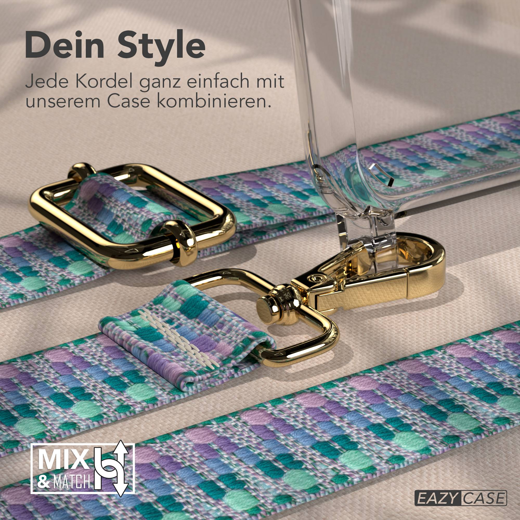 Eine Handyhülle mit einem bunten gewebten Band und goldener Hardware.