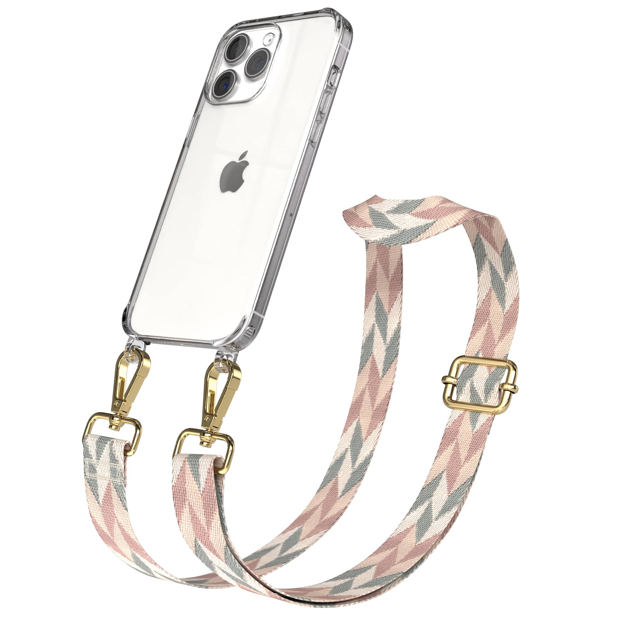 Eine durchsichtige iPhone-Hülle mit einem bunten geometrischen Gurt, befestigt mit goldenen Clips.