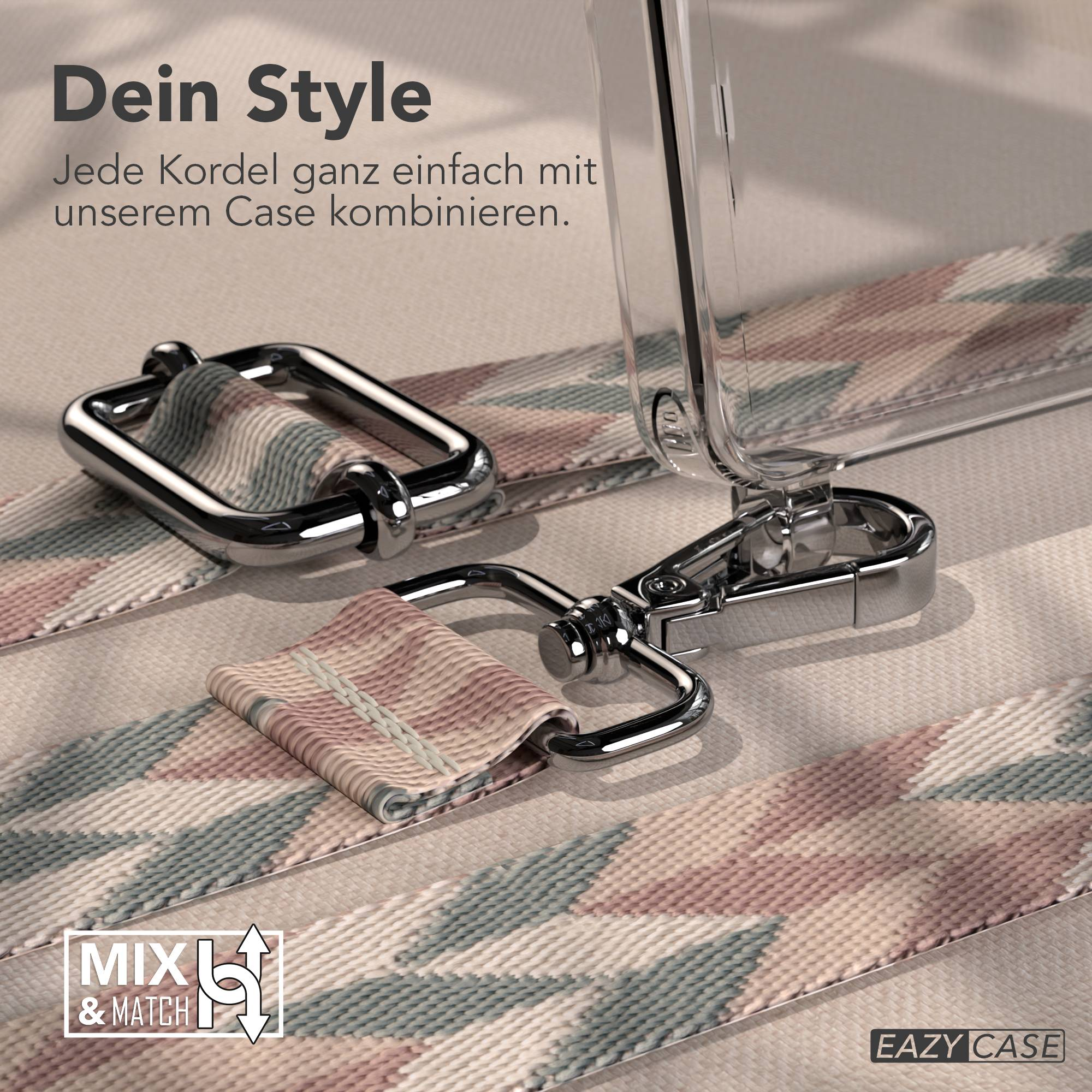 Ein transparenter Handyhülle mit einem gemusterten Band und Metallclips.