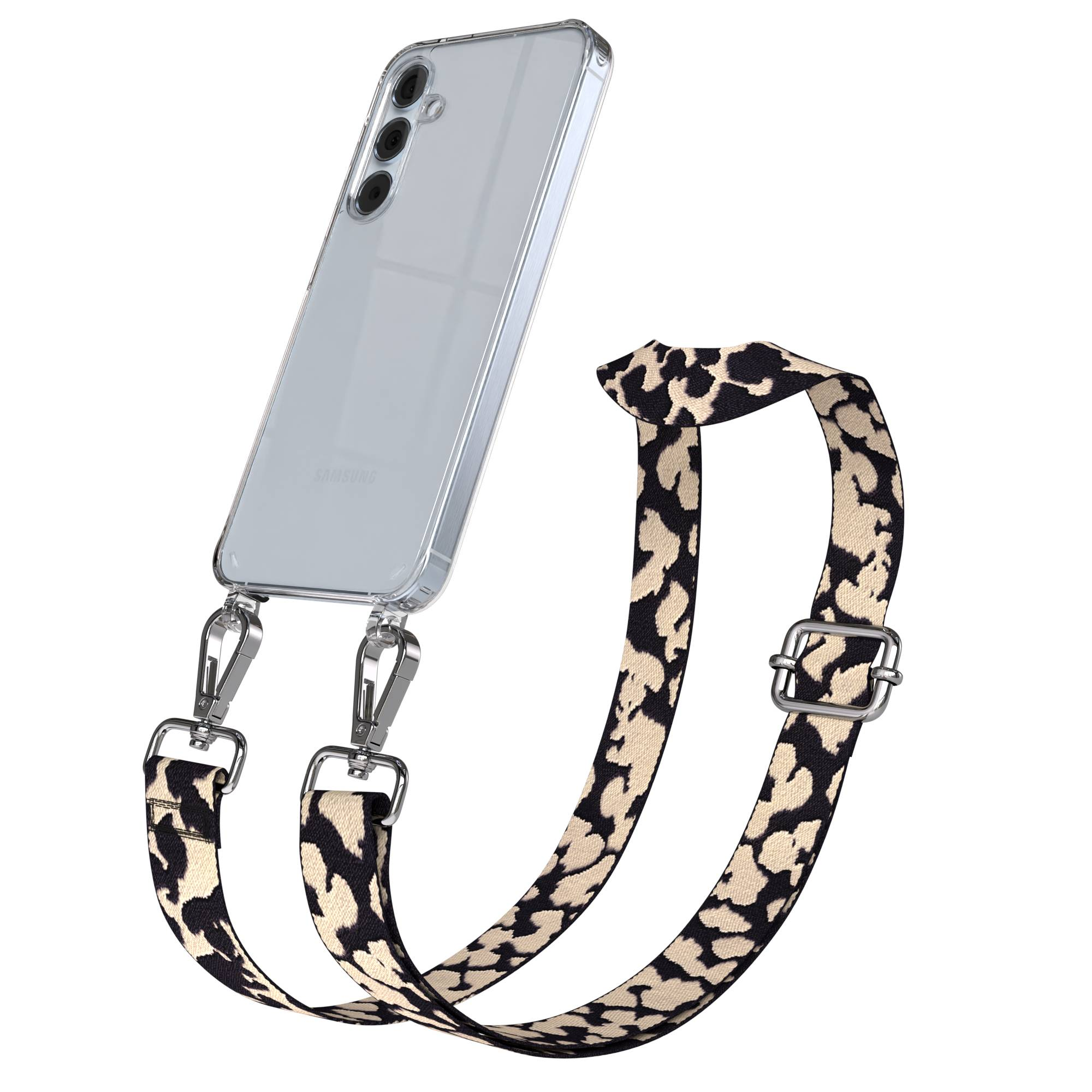 Ein durchsichtiges Handy mit einem Leopardenmuster-Trageband.