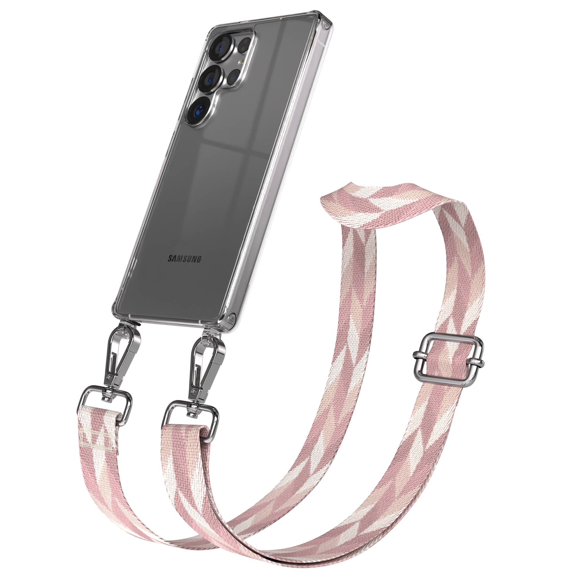 Ein Samsung-Smartphone in einer klaren Hülle mit einem rosafarbenen Band mit Zickzackmuster.
