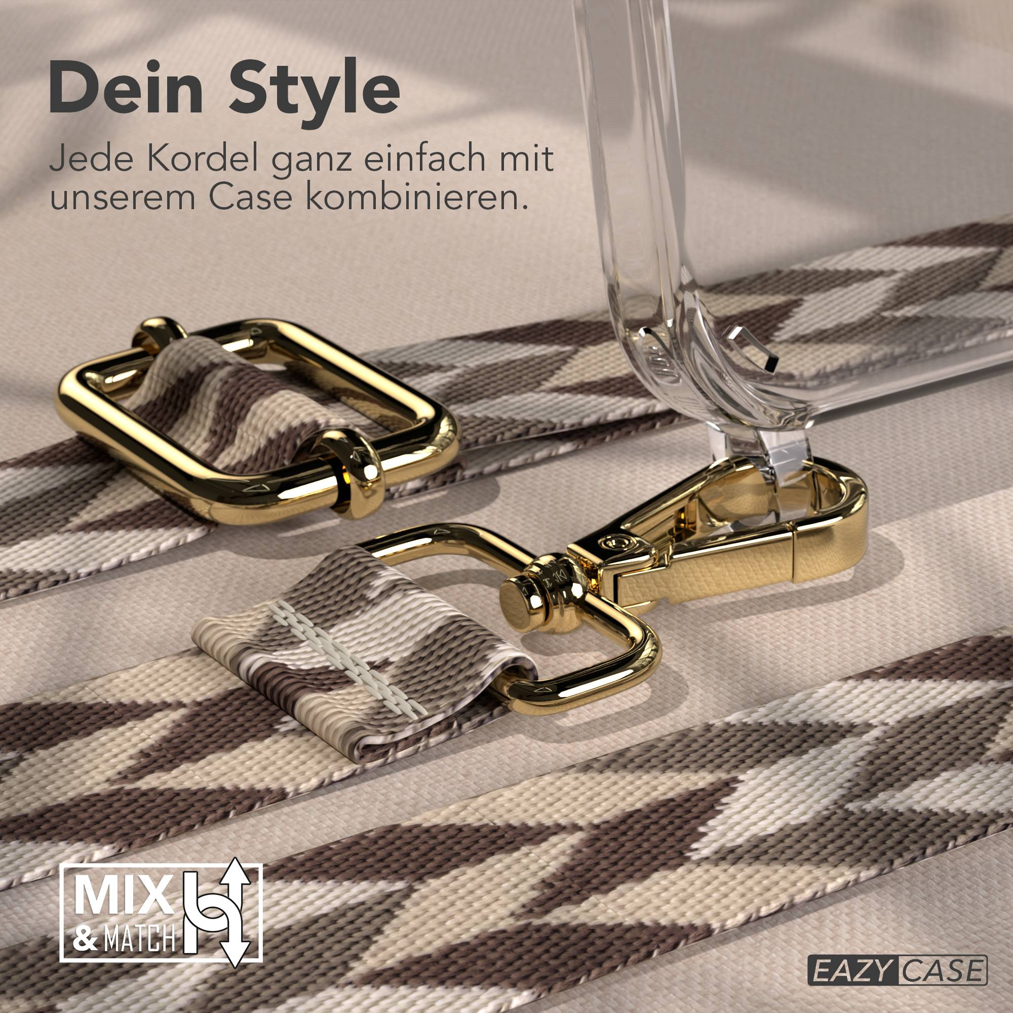 Goldene Karabiner und ein gemustertes Band für Handyhüllen.