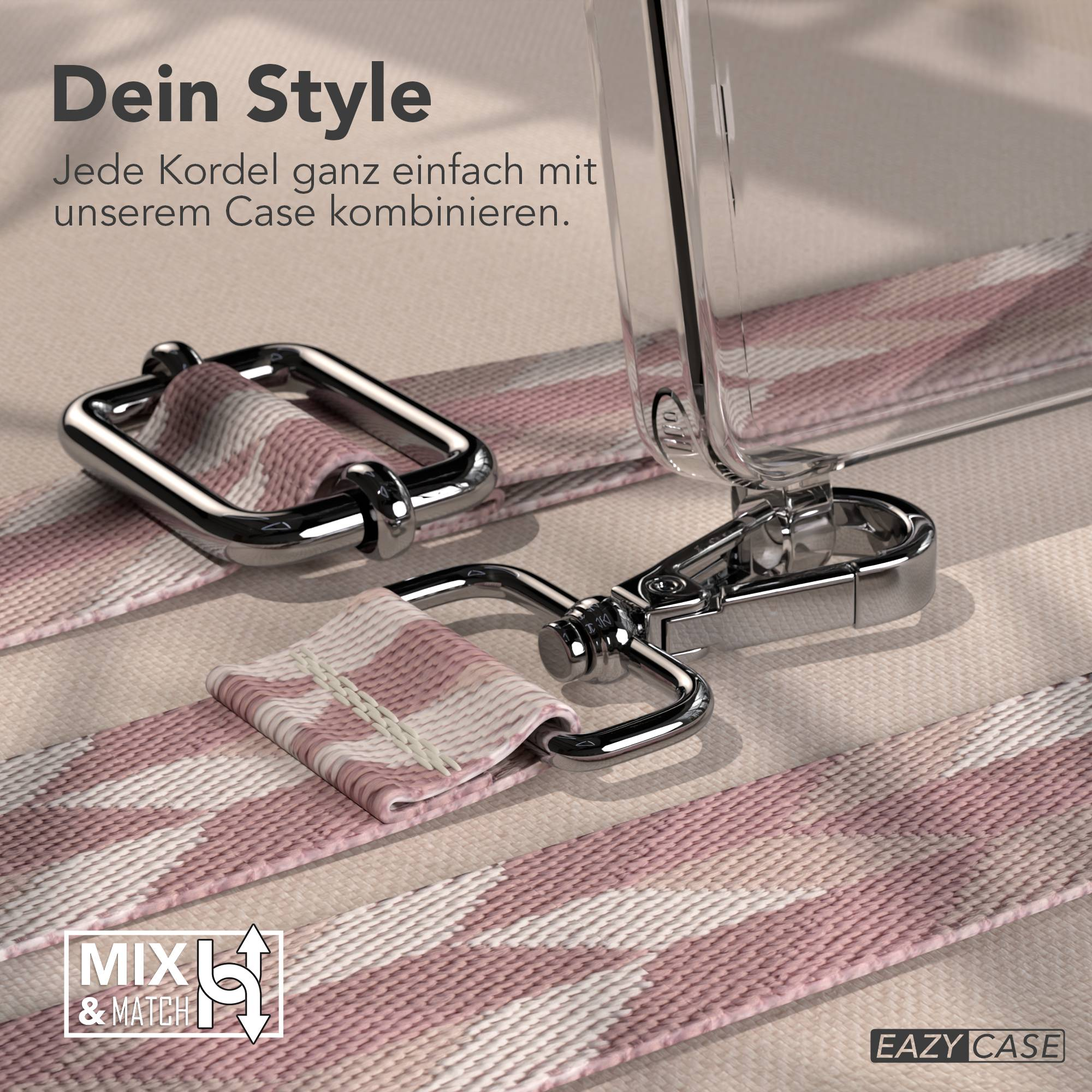Ein transparentes Handyhülle mit einem gemusterten Band und silbernen Verschlüssen.