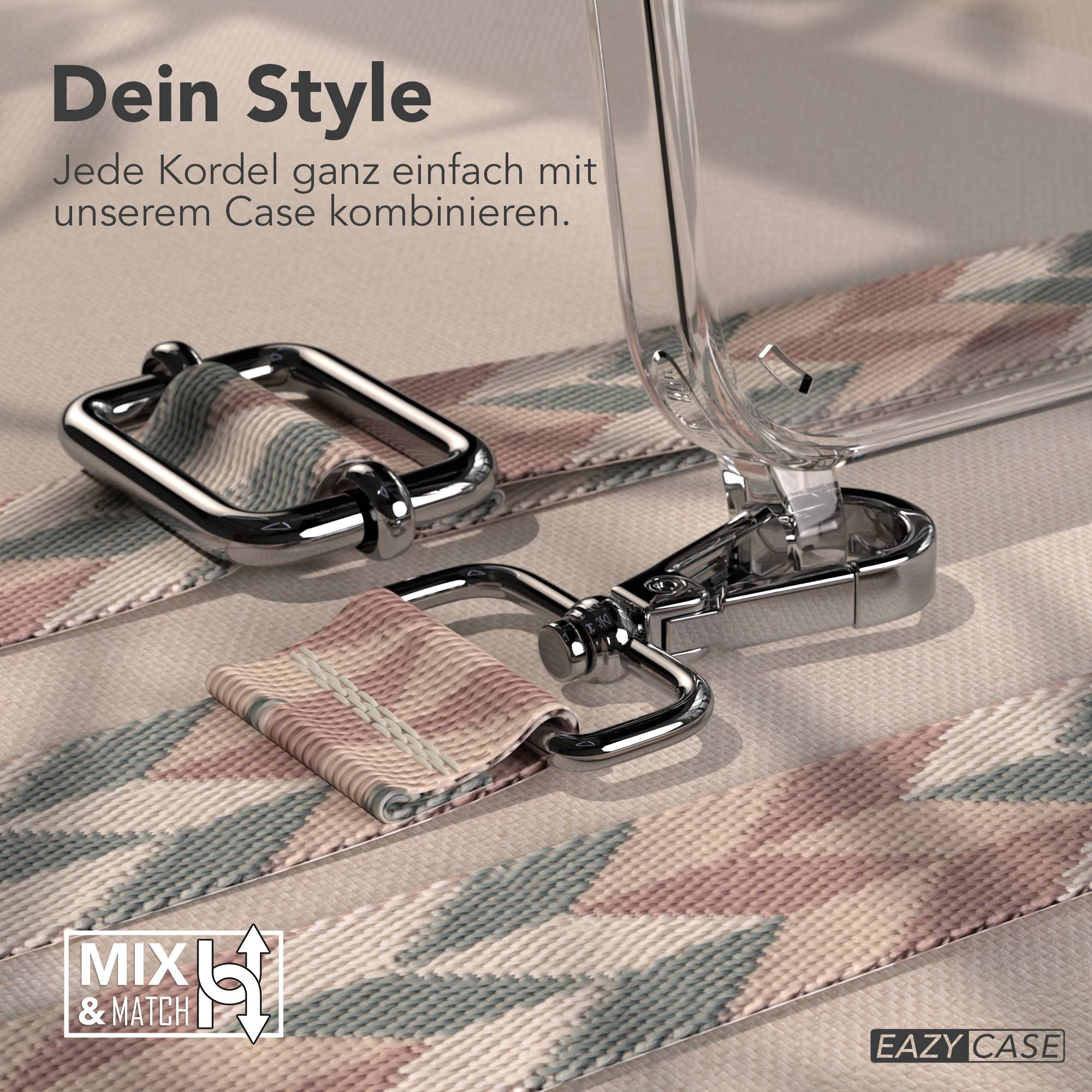 Ein durchsichtiger Handyhülle-Clip mit einem Band mit geometrischem Muster.