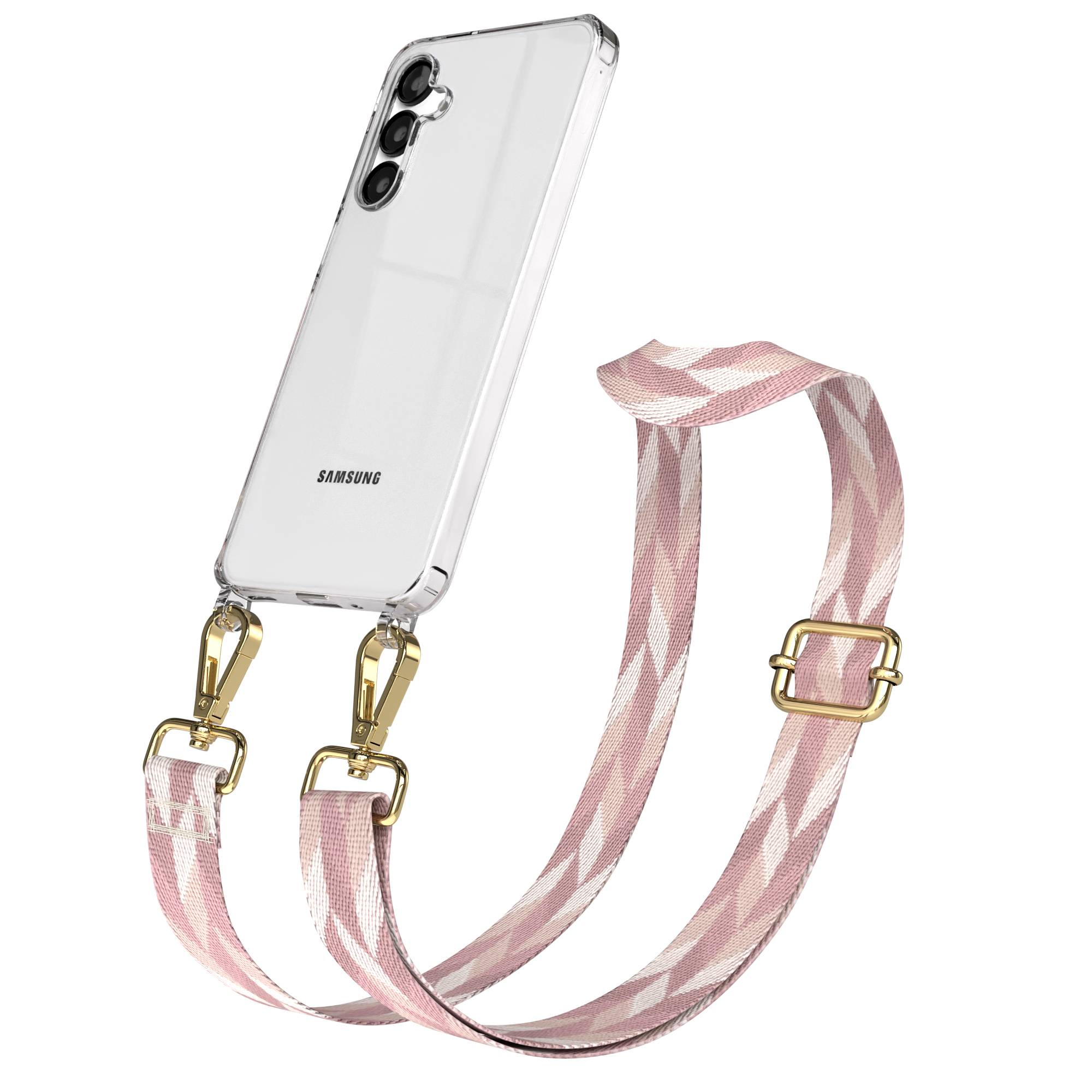 Ein Samsung-Smartphone in einer transparenten Hülle mit einem rosa gemusterten Band und goldenen Clips.