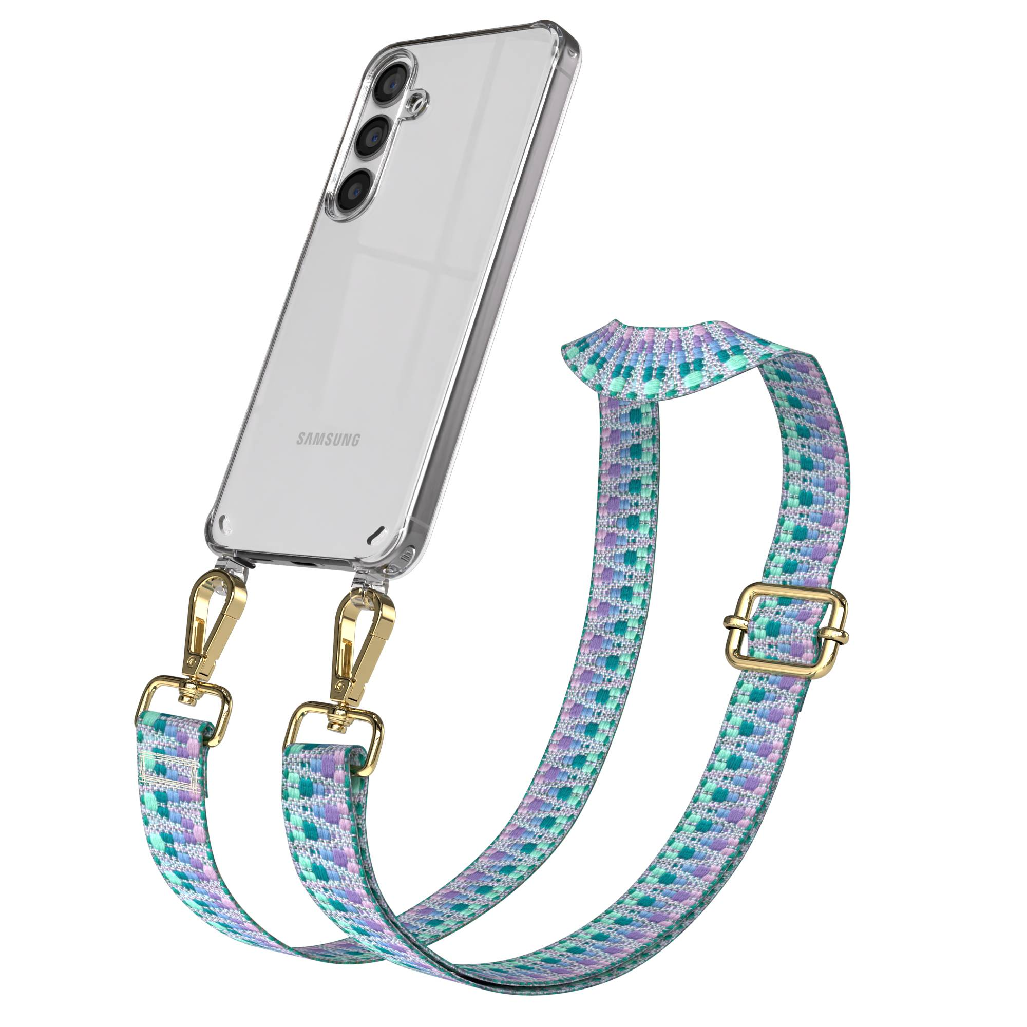 Ein durchsichtiges Handy mit einem farbenfrohen Tragegurt in Lila, Blau und Türkis.