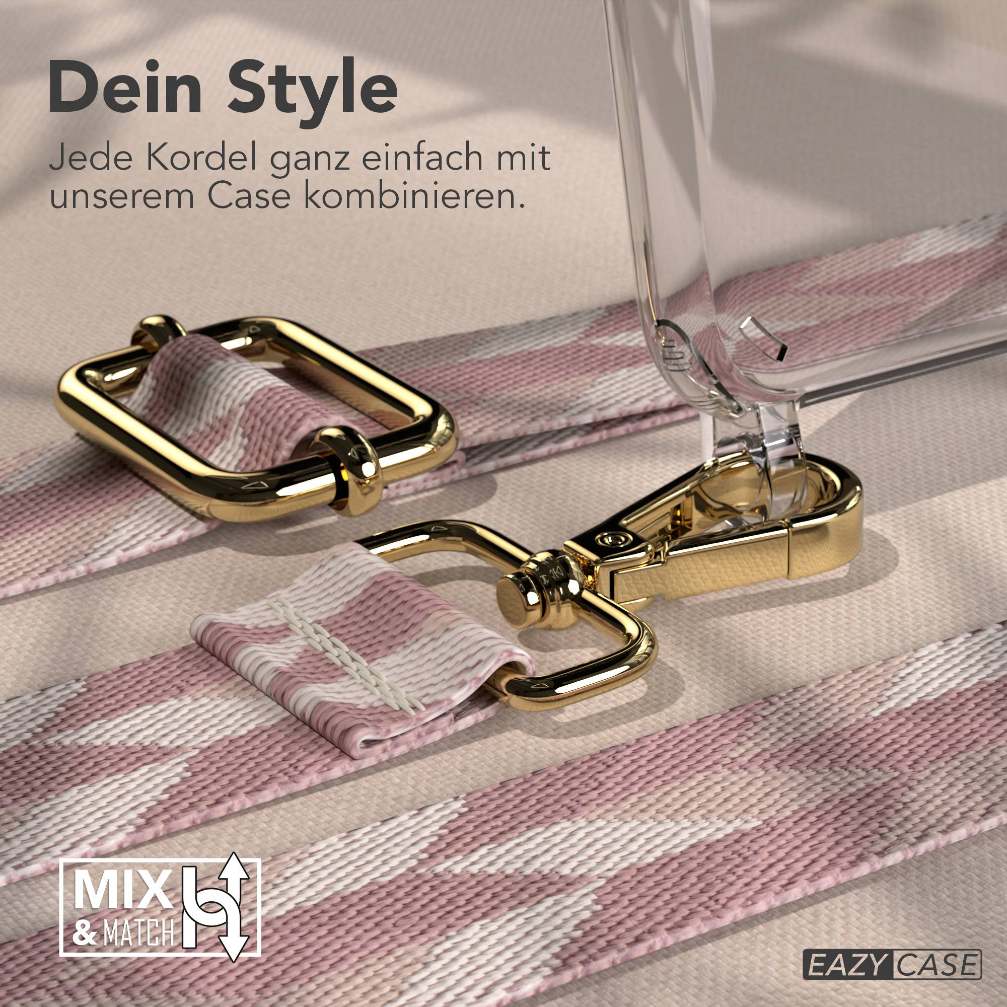 Goldene Beschläge an einem pink-weiß gemusterten Band für eine Handyhülle. Text: 'Mix & Match'.