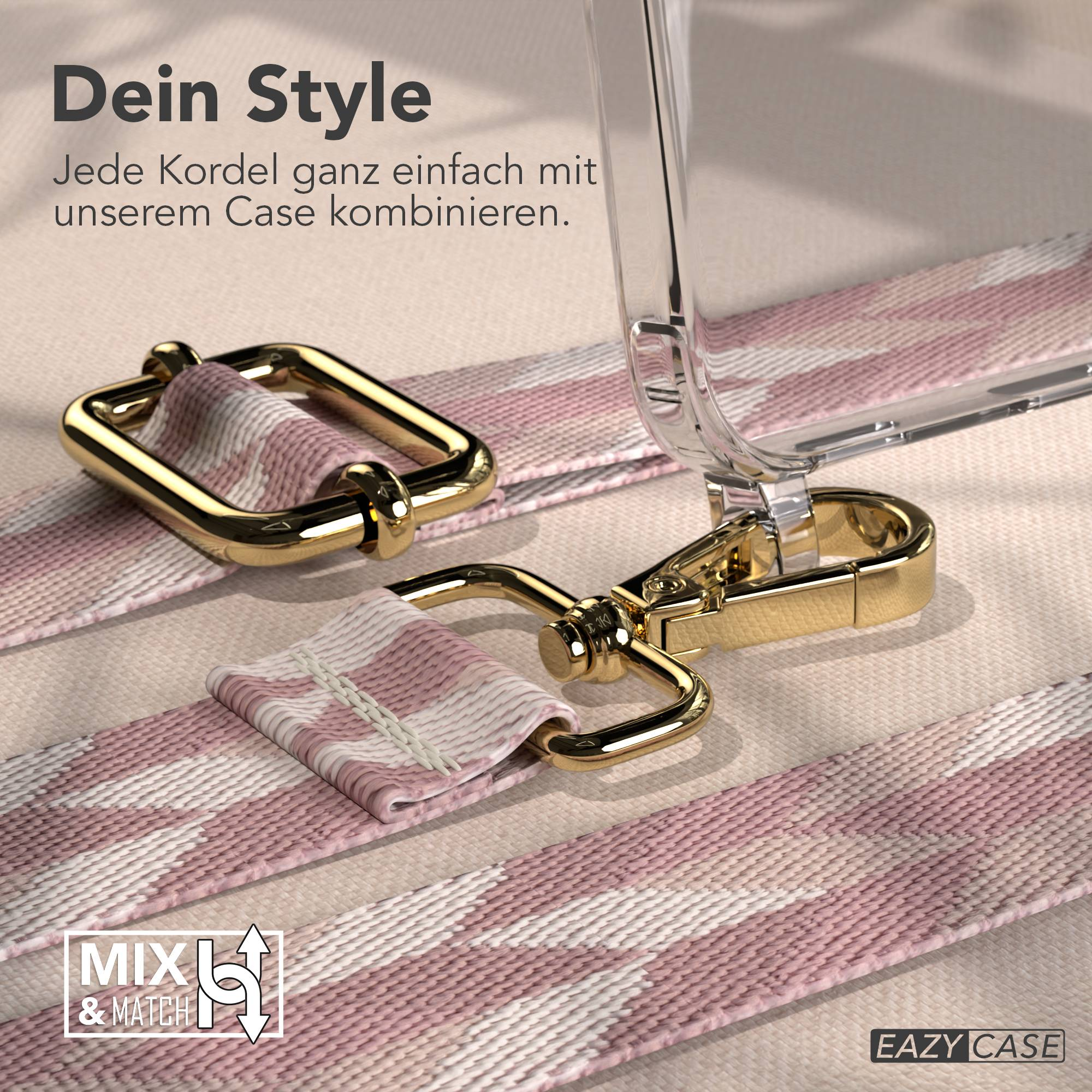 Goldene Beschläge an einem rosa-weiß gestreiften Band, befestigt an einer klaren Handyhülle.