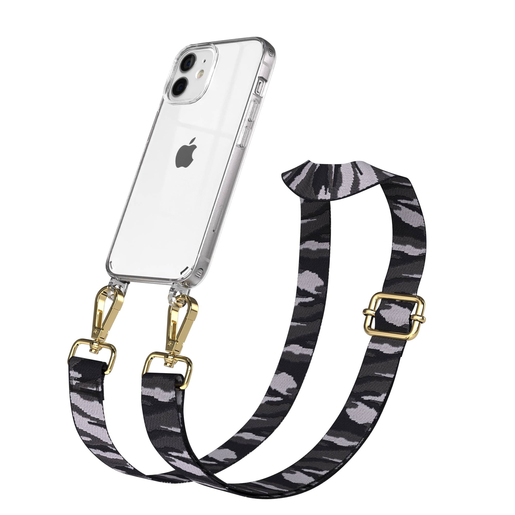 Ein durchsichtiges iPhone mit einem Tarnband und goldenen Verschlüssen.