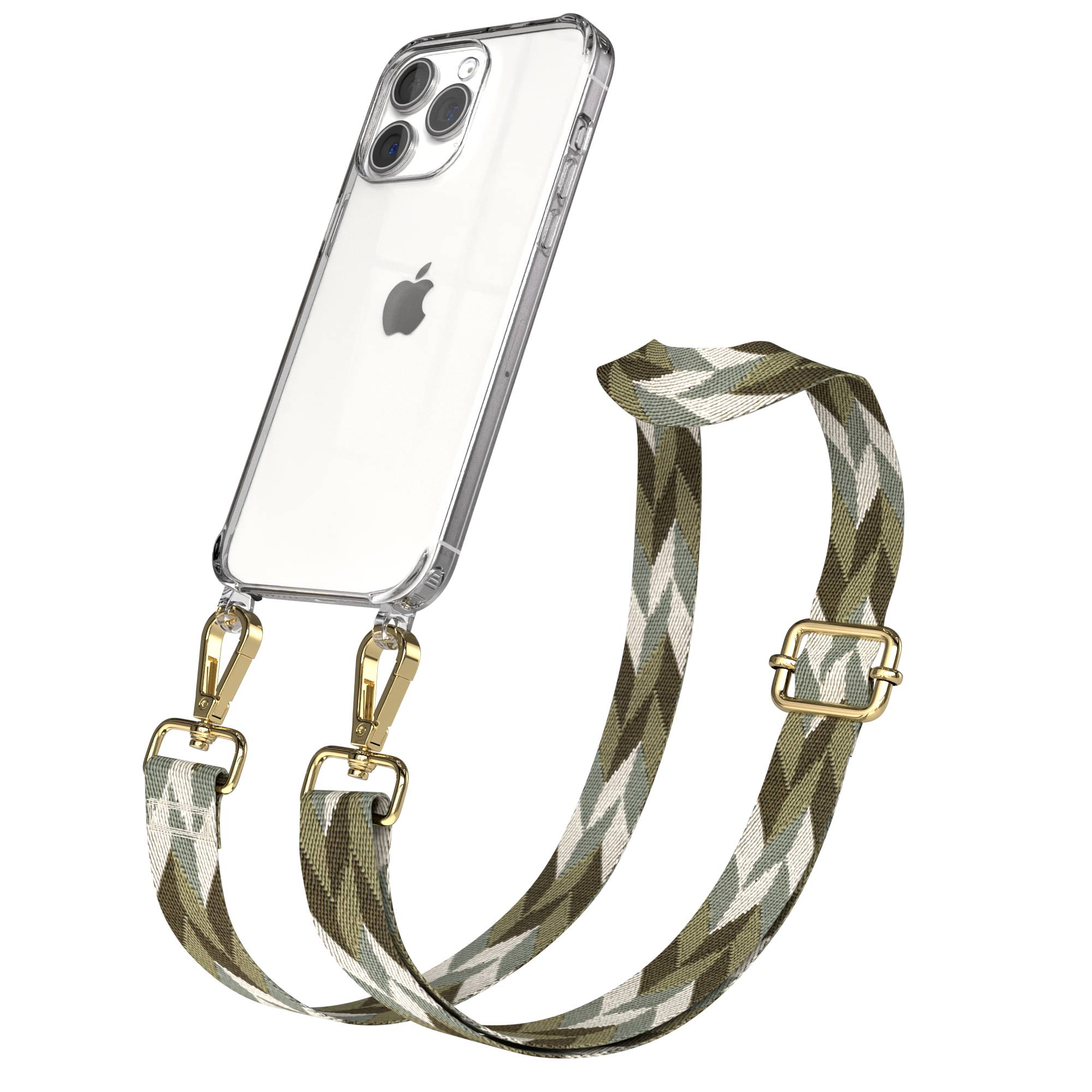 Klare iPhone-Hülle mit gemustertem Gurt mit goldenen Clips.