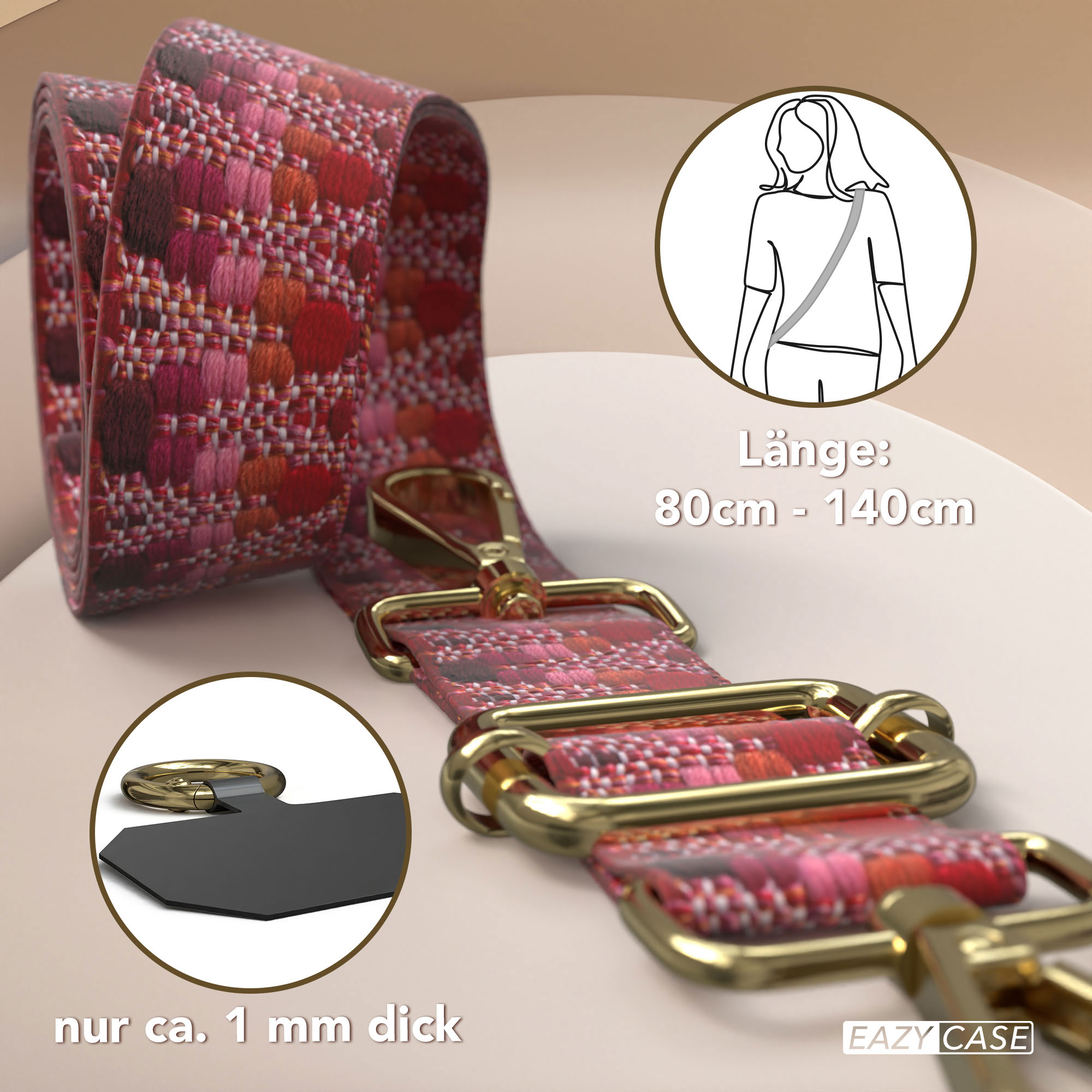 Ein gewebter Gurt in Rot- und Rosatönen mit goldenen Beschlägen, 80-140cm lang.