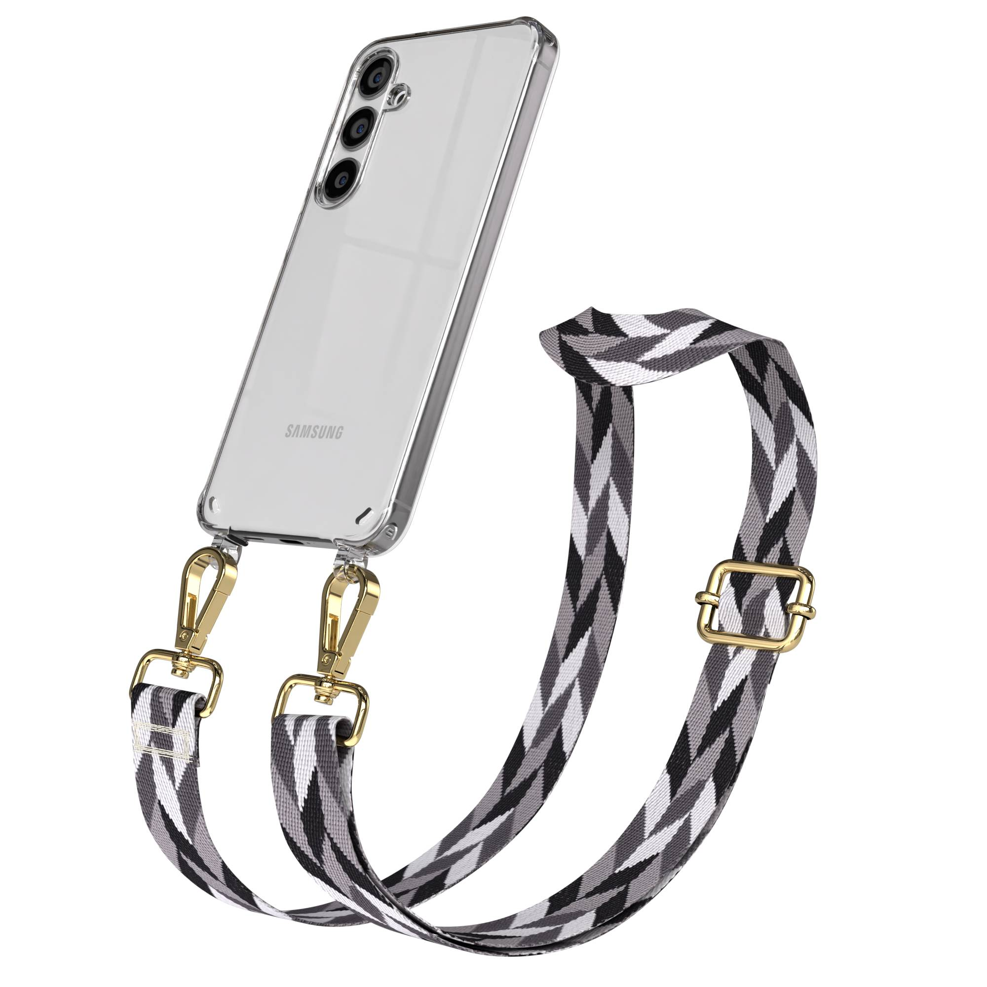 Ein Samsung-Smartphone in einer transparenten Hülle mit einem schwarz-grau-weißen Tragegurt.