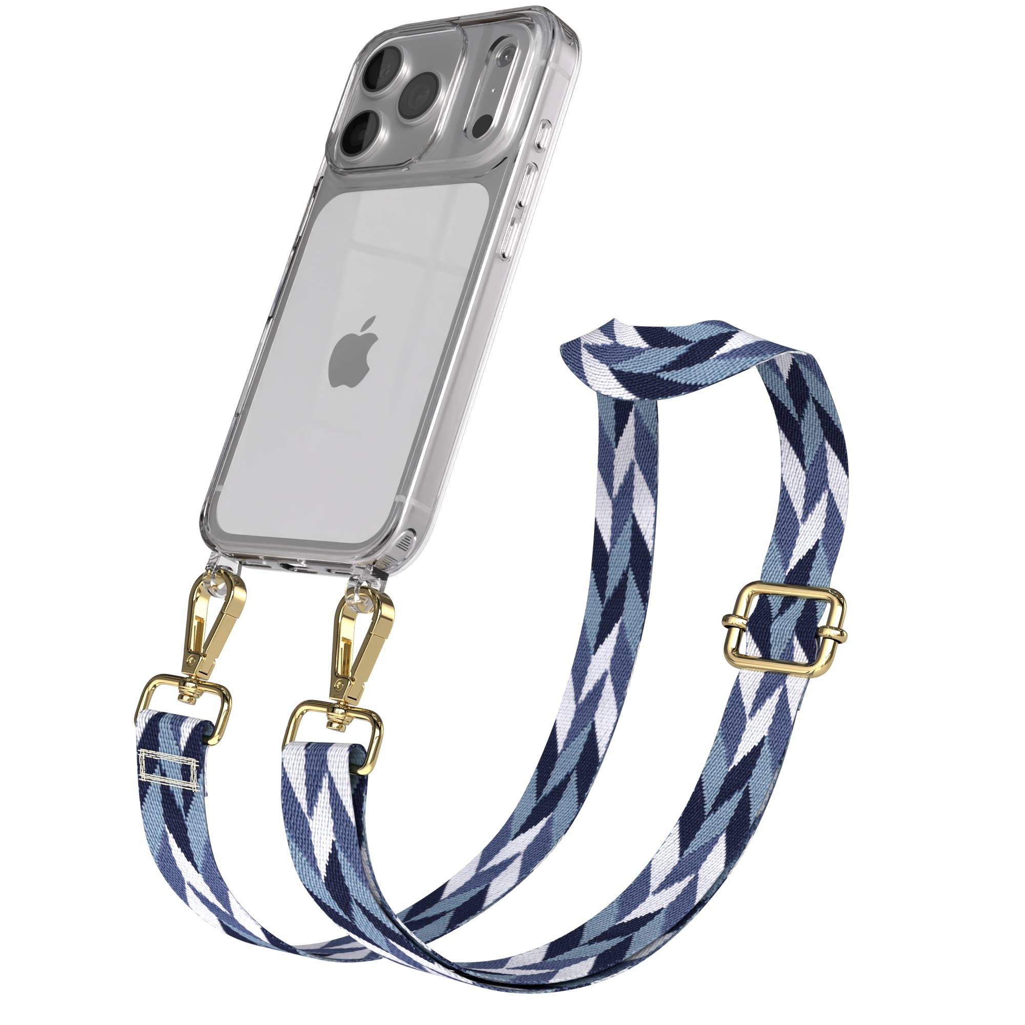 Klare iPhone-Hülle mit blau-weißem Zickzack-Riemen, befestigt mit goldenen Clips.