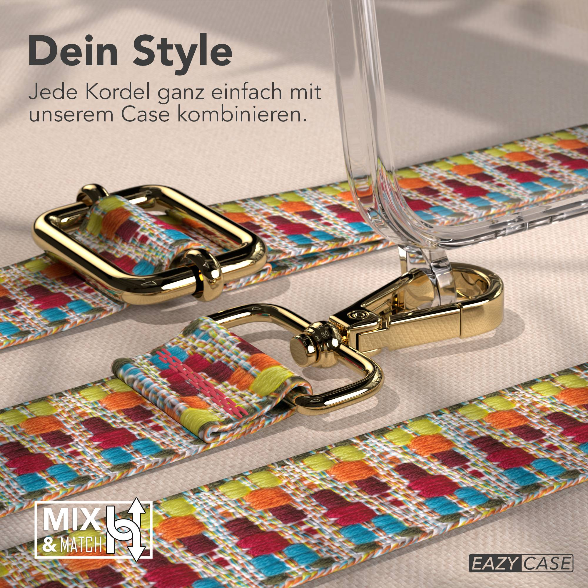 Bunte Kordel mit goldenen Beschlägen und einem transparenten Handyhülle-Detail.