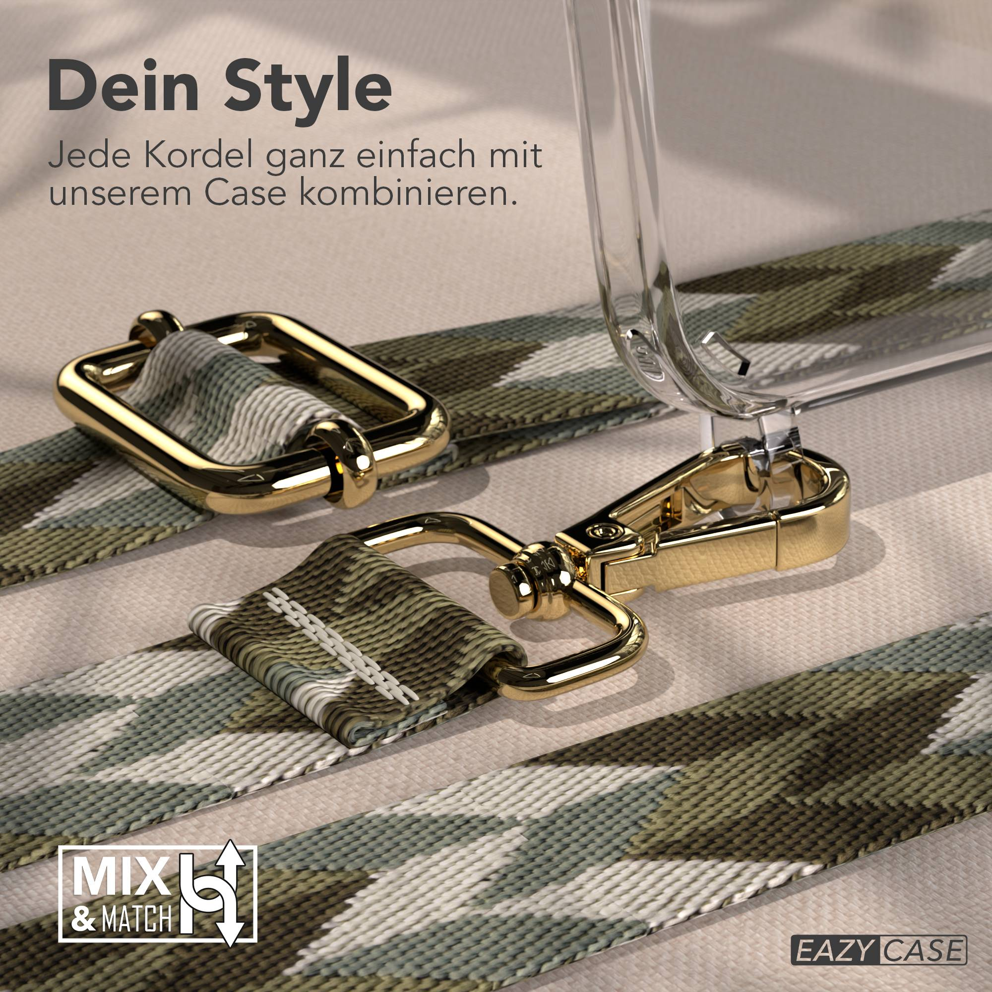 Goldene Schnallen und eine olivgrüne Kordel mit Tarnmuster.