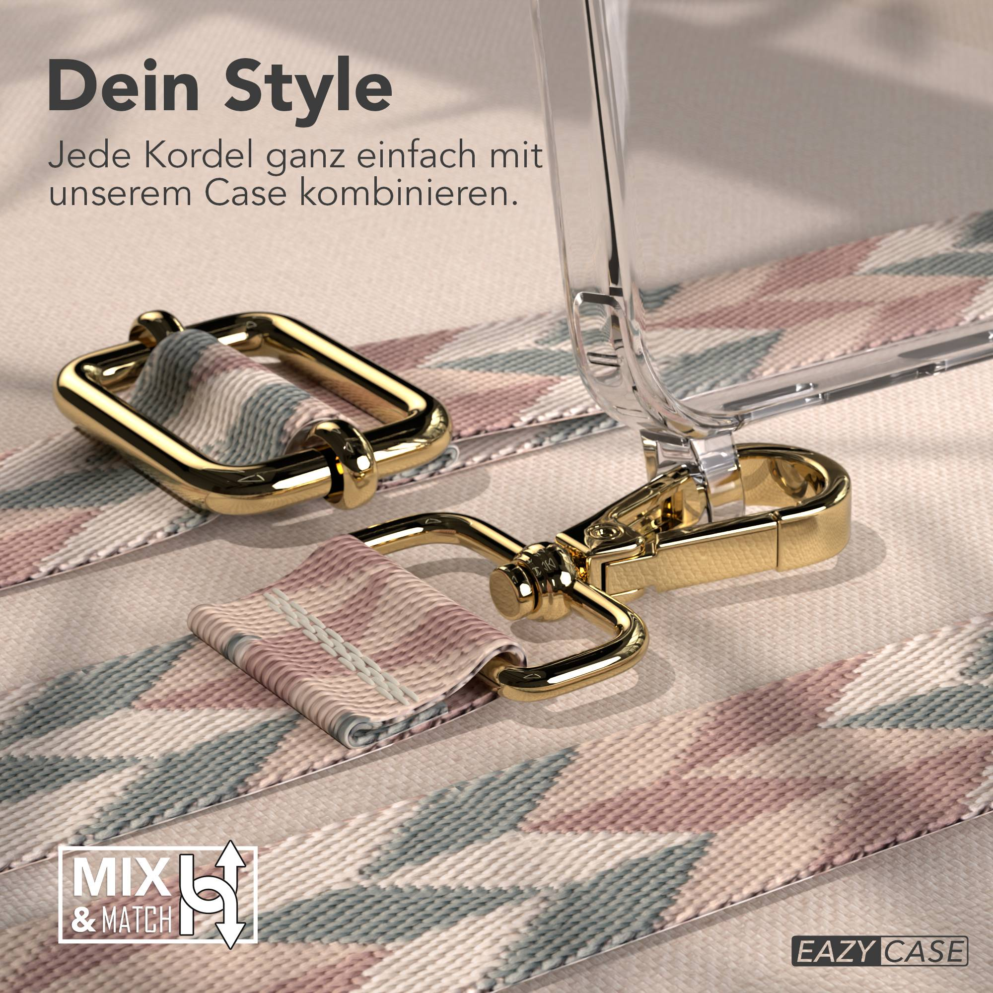 Goldene Karabinerhaken verbinden ein Handyband mit geometrischem Muster mit einer Hülle.