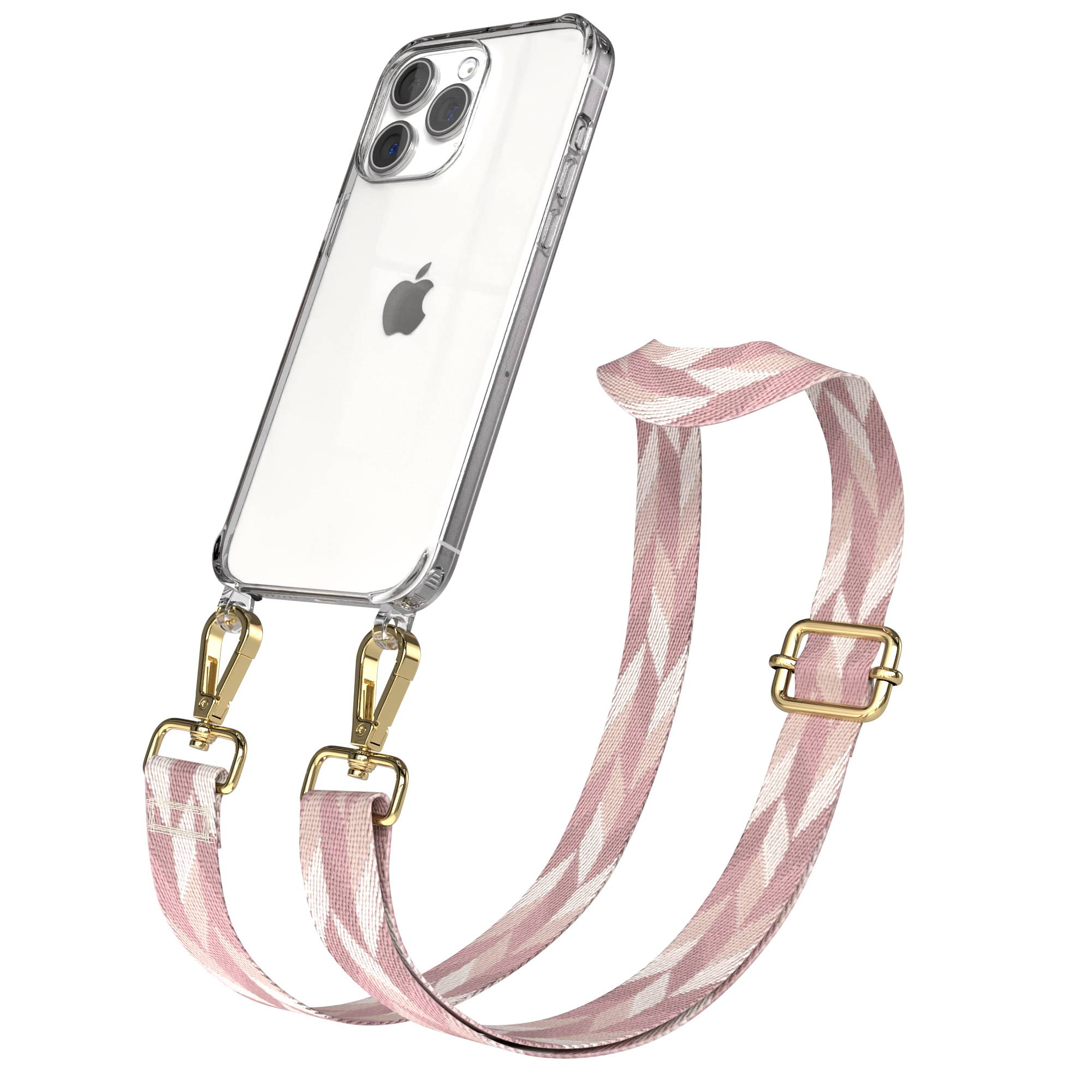 Ein durchsichtiges iPhone-Gehäuse mit einem Band in Rosa und Weiß mit Zickzackmuster.