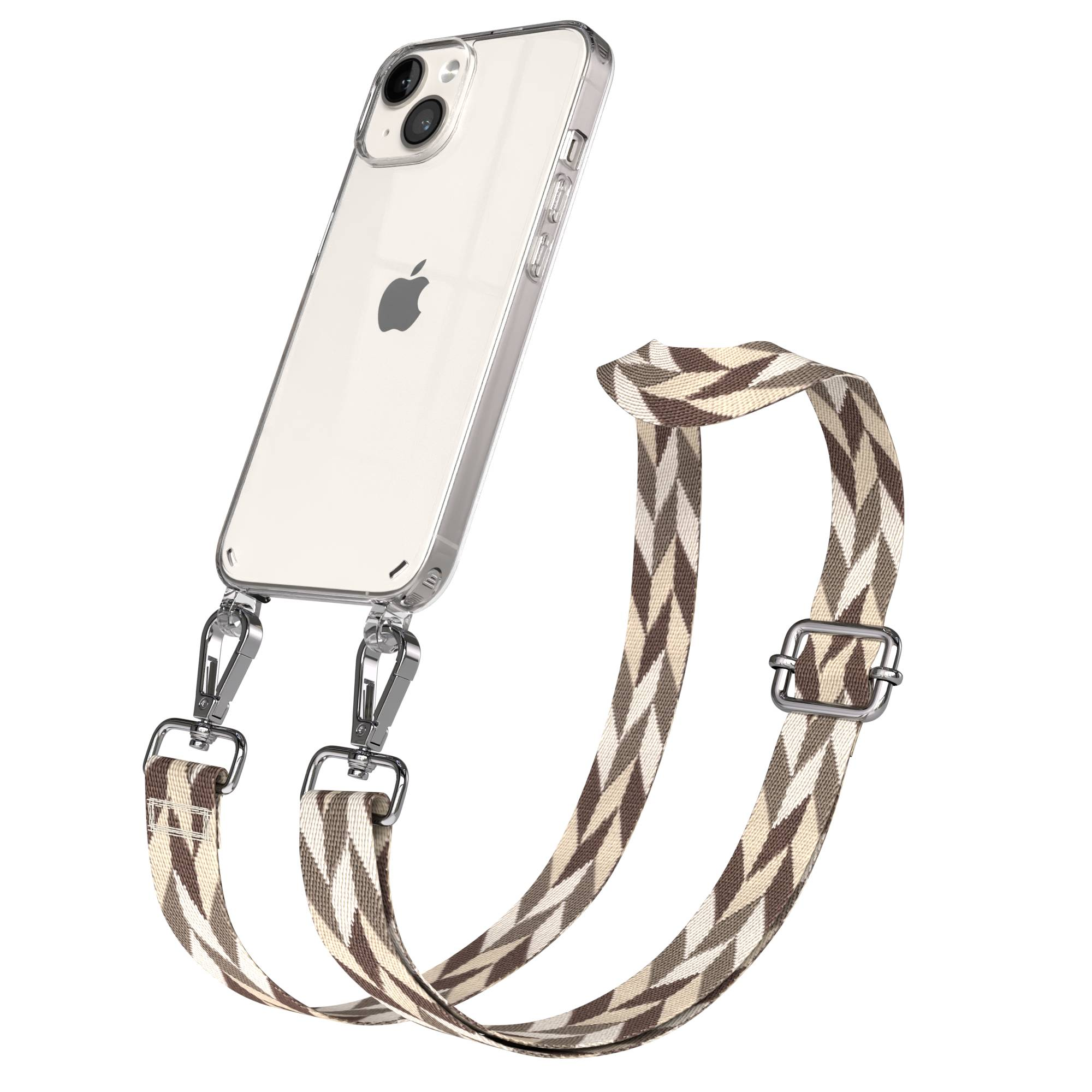 Ein durchsichtiges iPhone mit einem geometrischen Band in Braun- und Beigetönen.